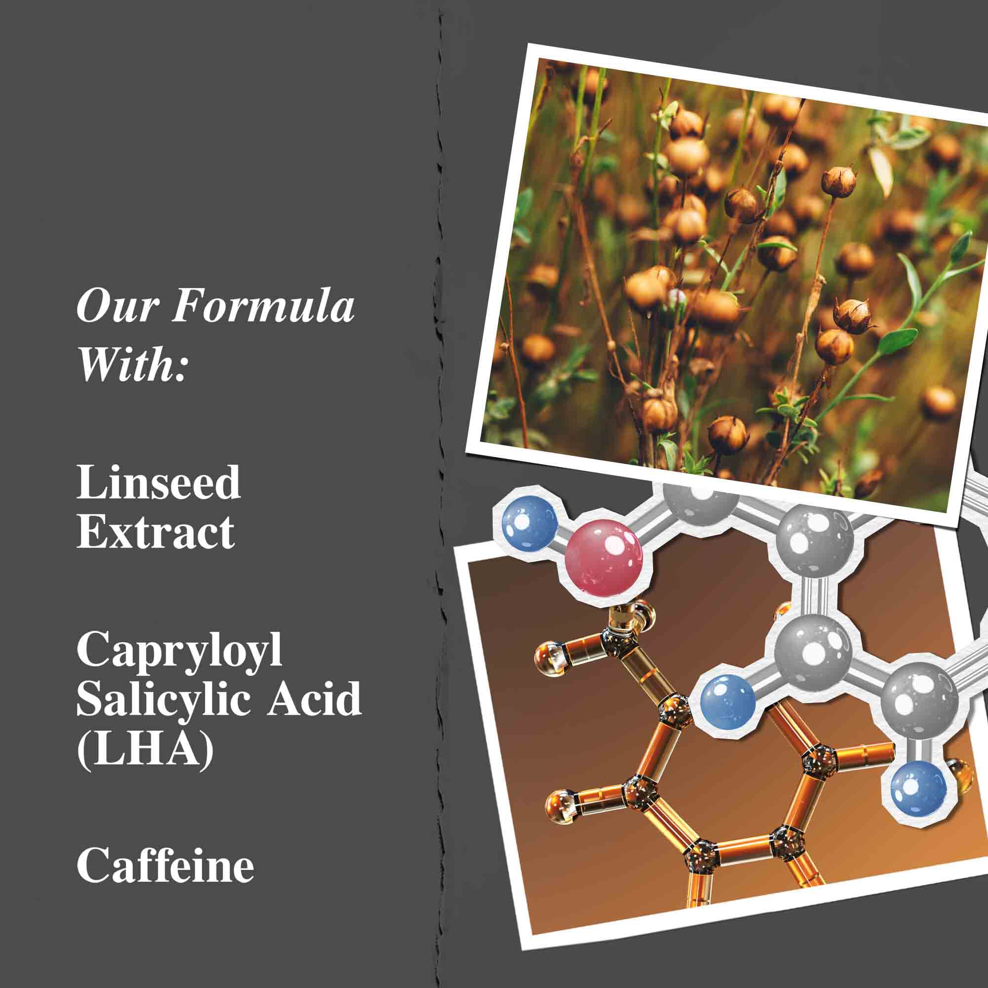 Key ingredients graphic highlighting Linseed Extract, Salicylic Acid, and Caffeine.
