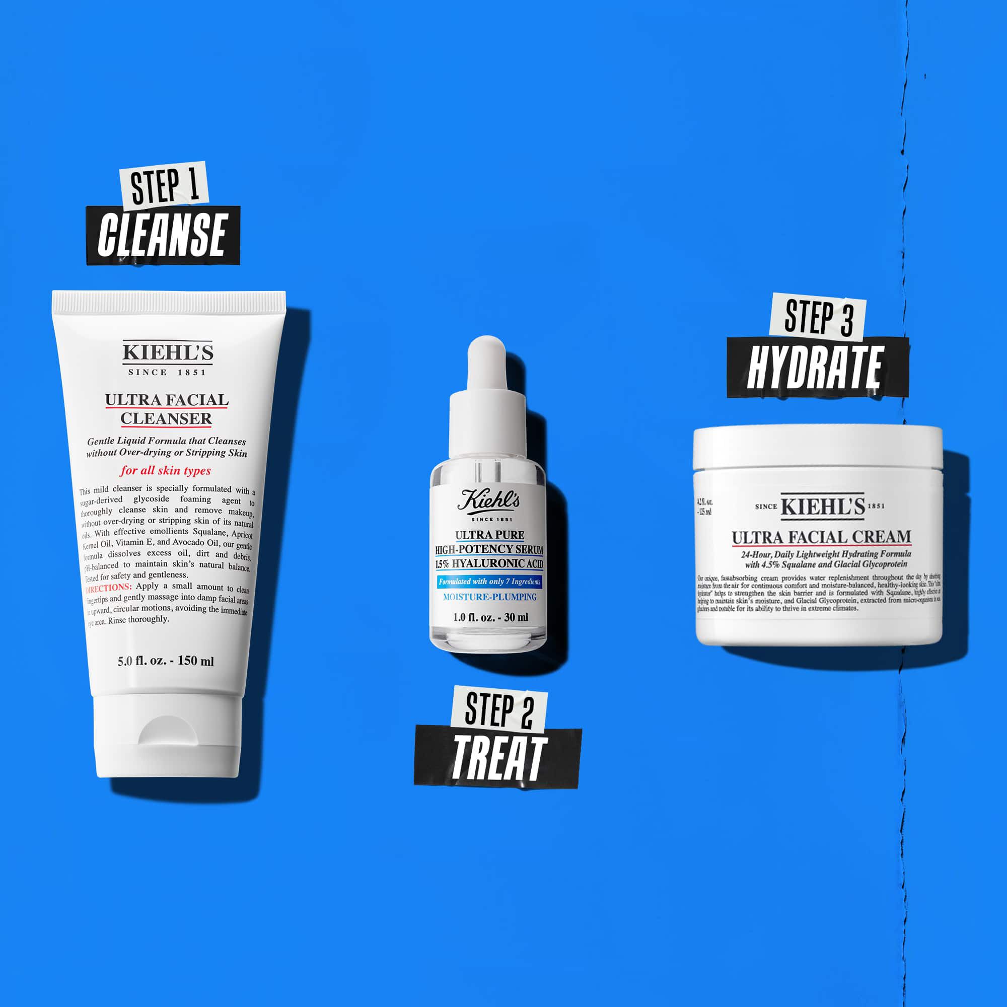 A three-step routine featuring Kiehl's products. Step 1: Ultra Facial Cleanser. Step 2: Hyaluronic Acid Serum. Step 3: Ultra Facial Cream.