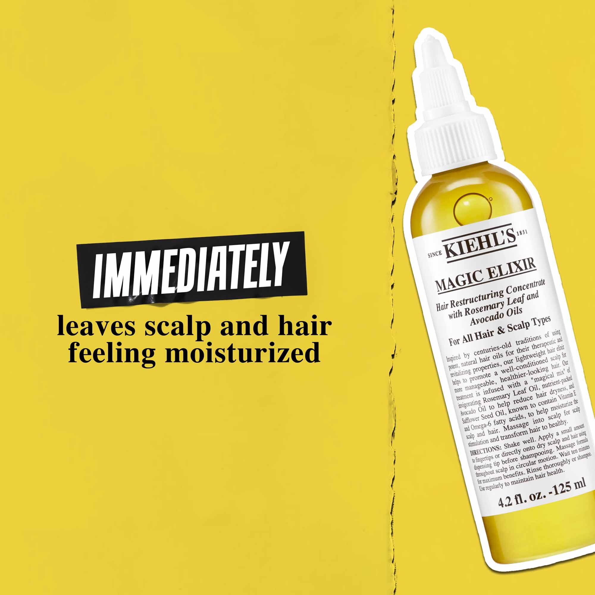 A bottle of Magic Elixir Hair Oil against a gold background with text reading, "Immediately leaves scalp and hair feeling moisturized."