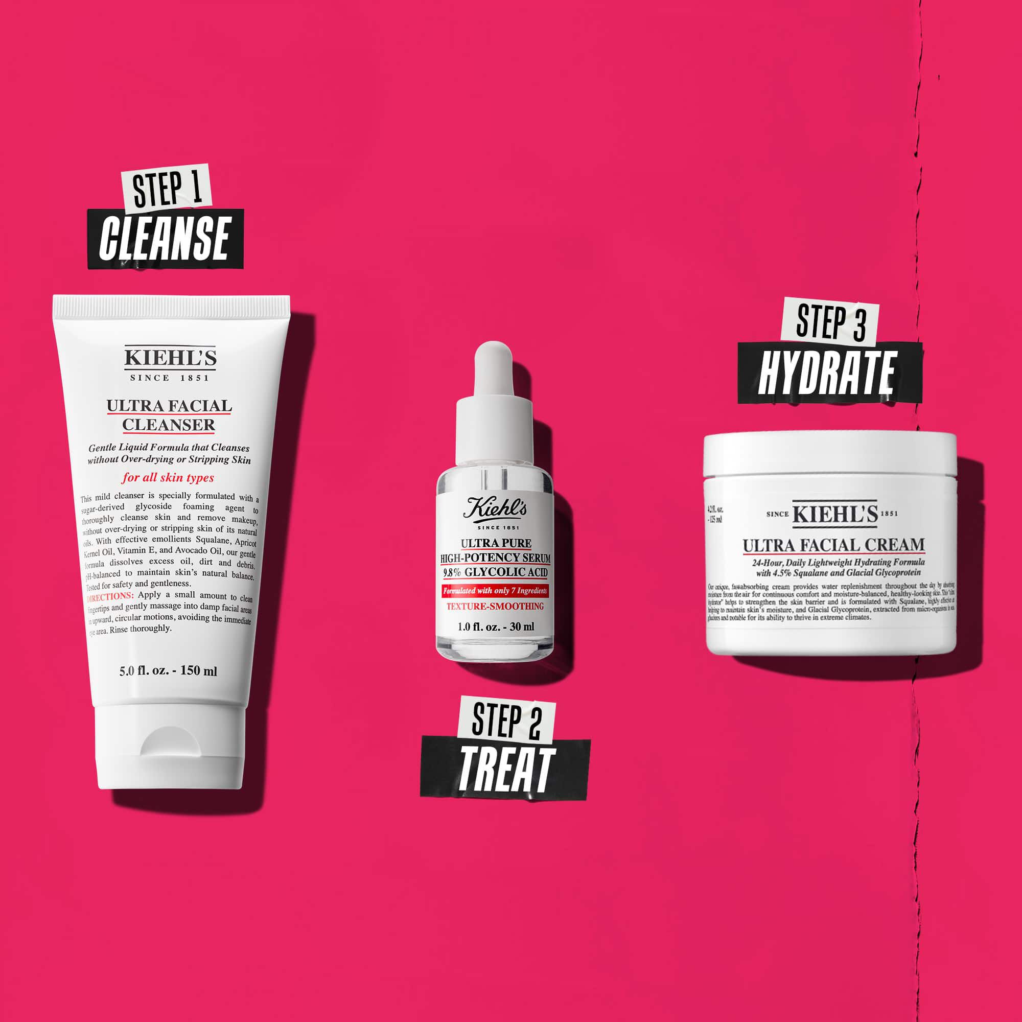 A three-step routine featuring Kiehl's products. Step 1: Ultra Facial Cleanser. Step 2: Glycolic Acid Serum. Step 3: Ultra Facial Cream.