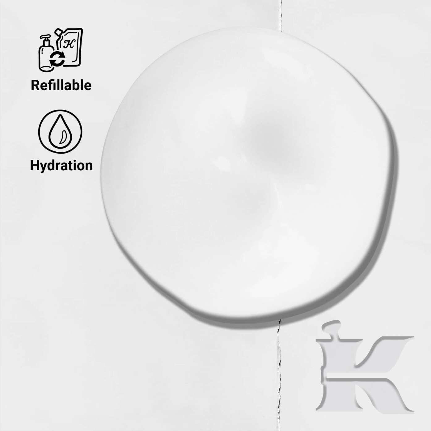 A glossy white droplet on a light gray background with icons and text reading "Refillable" and "Hydration." The mood is clean and refreshing.