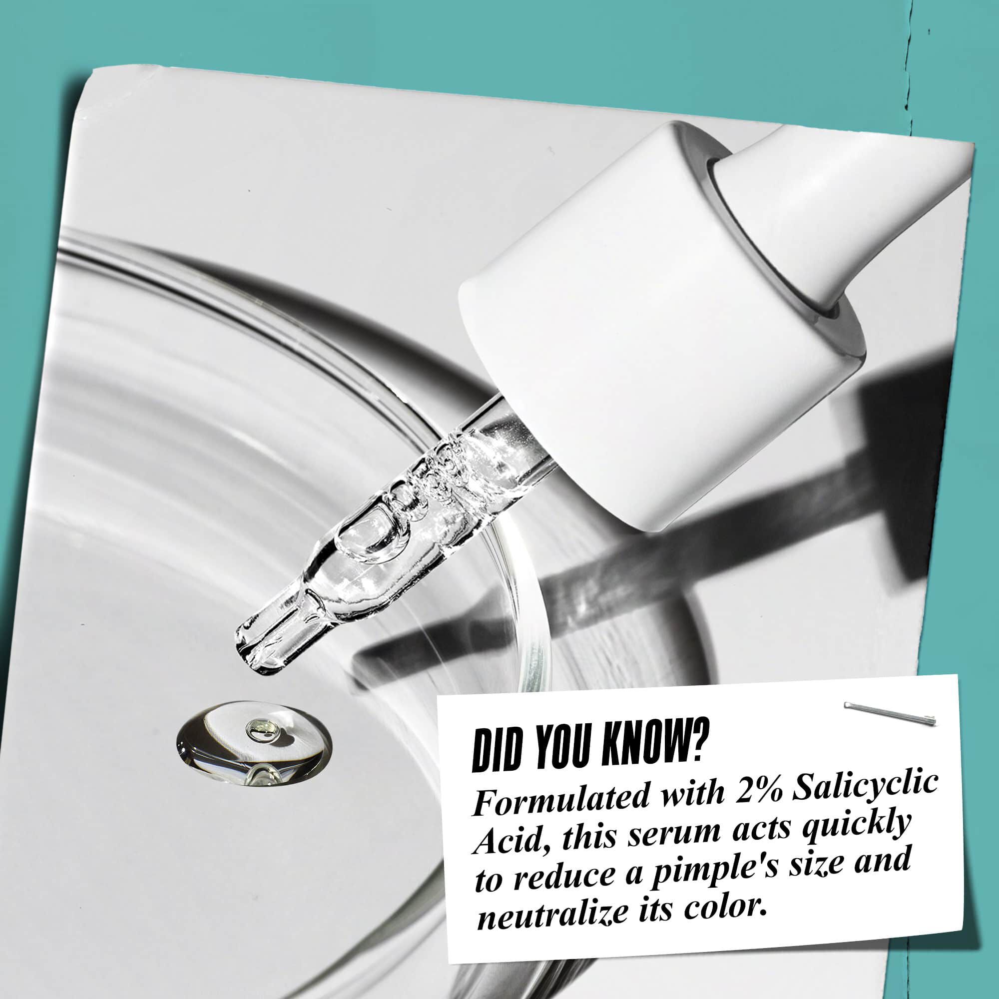A dropper dispensing Truly-Targeted Blemish-Clearing Solution into a glass dish with text reading "Did You Know? Formulated with 2% Salicylic Acid to reduce pimples' size and neutralize its color."