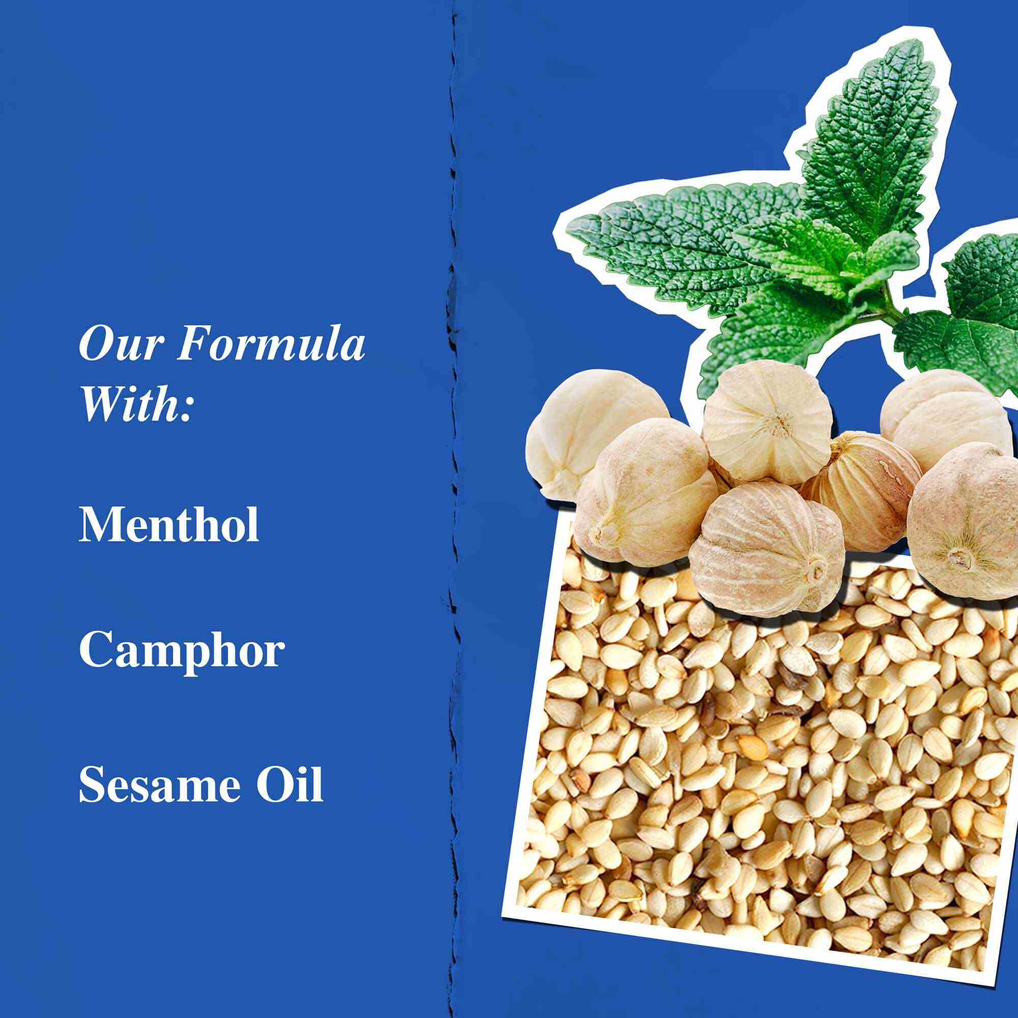 Key ingredients graphic highlighting Menthol, White Eagle, Camphor, and Sesame Oil.