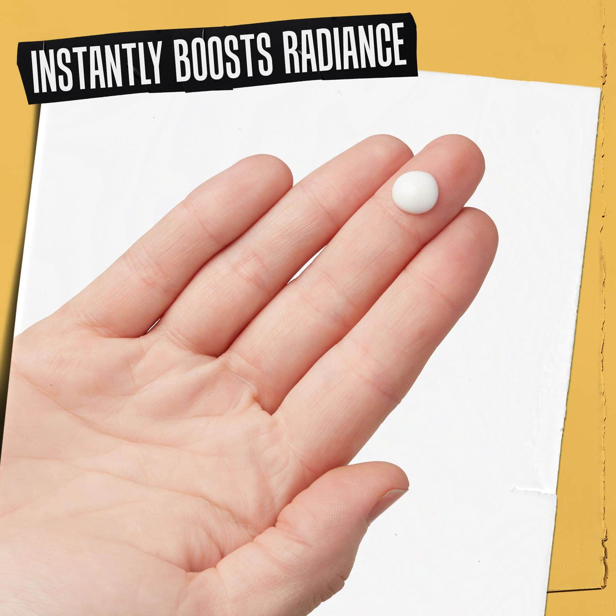 A hand with Powerful-Strength Line-Reducing Concentrate on it, labeled "Instantly Boosts Radiance."