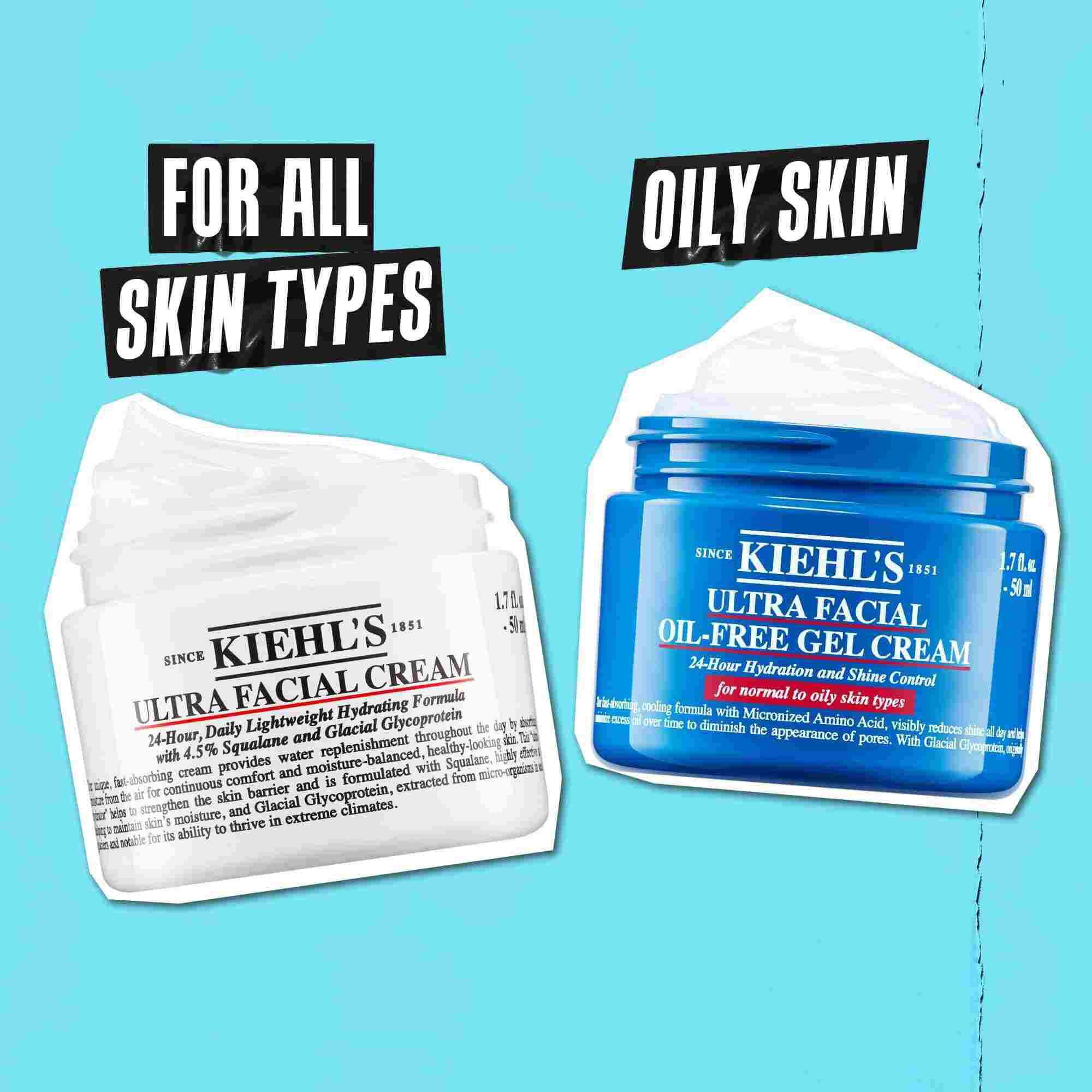 Two Kiehl's jars displayed side by side on a blue background. The Ultra Facial Cream is labeled "For all skin types," and the Ultra Facial Oil-Free Gel Cream is labeled "Oily skin."