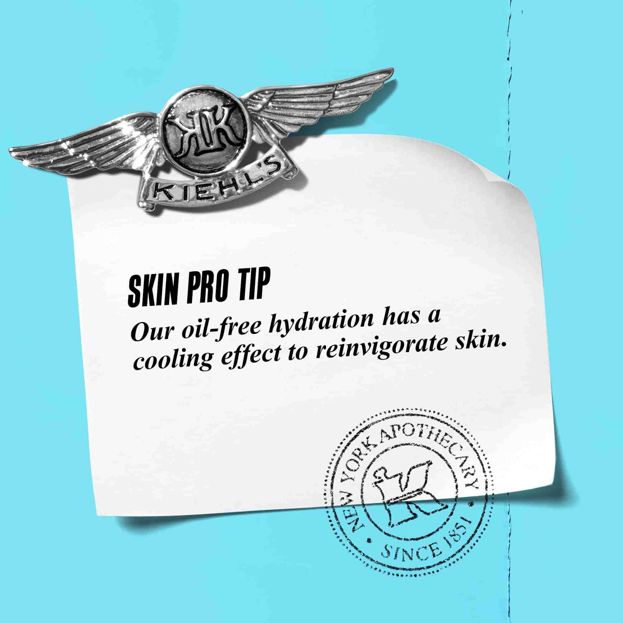 A graphic with text reading "Skin Pro Tip: Our oil-free hydration has a cooling effect to reinvigorate skin."