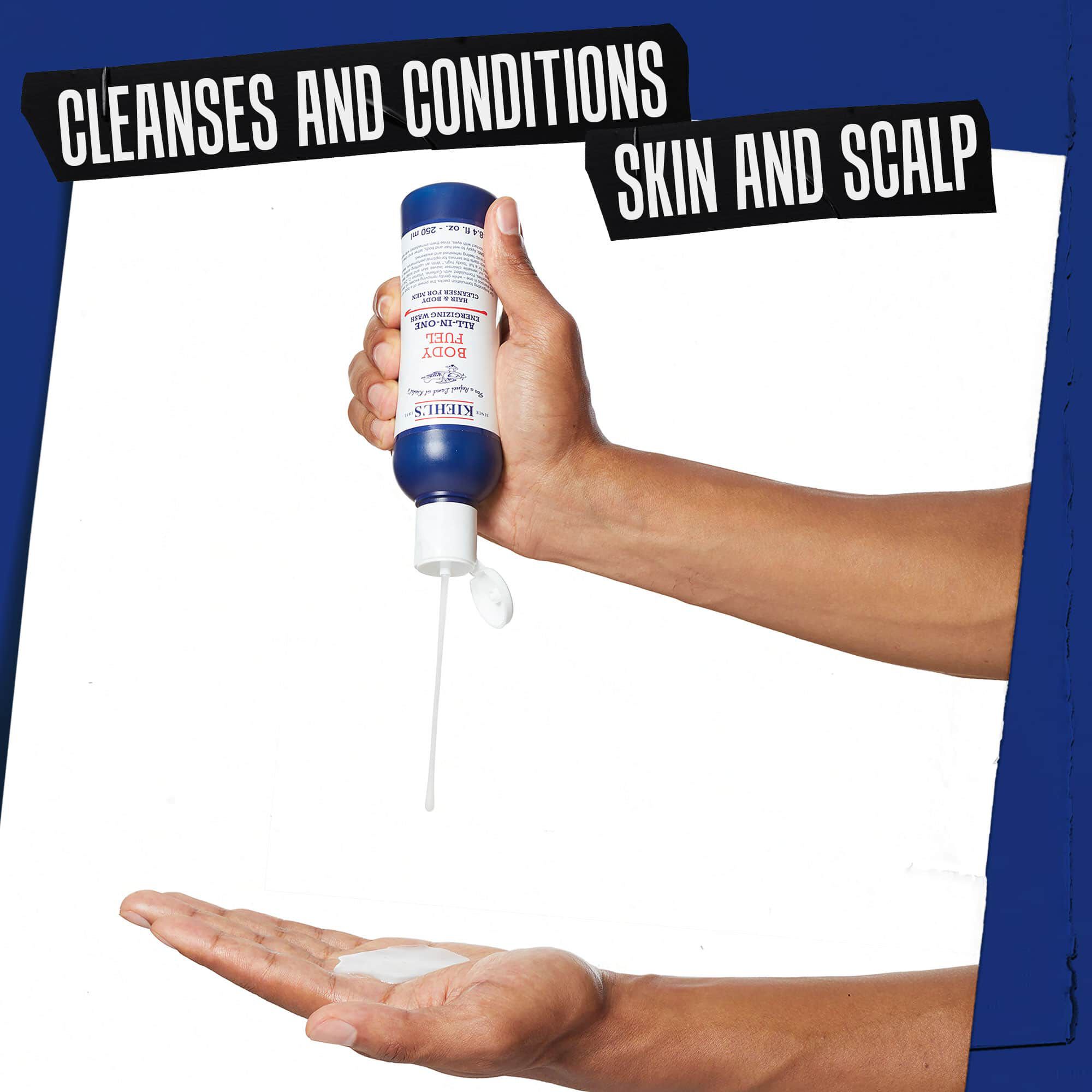 Hand dispensing Body Fuel All-In-One Energizing Wash; cleanses and conditions skin and scalp.