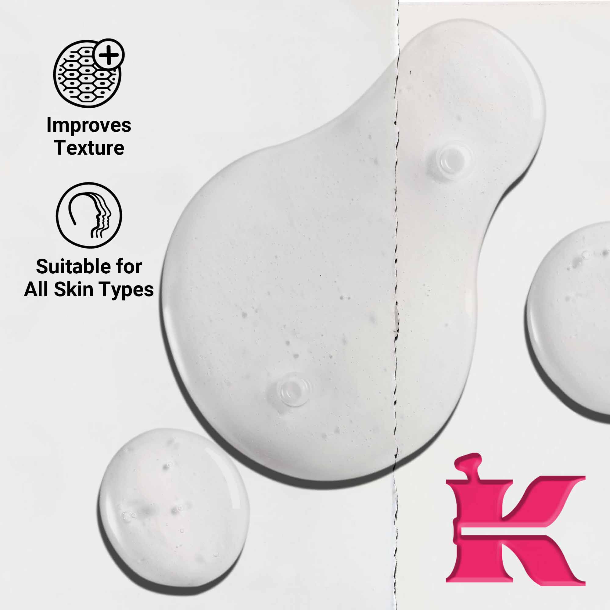 A close-up of the Ultra Pure 9.8% Glycolic Acid Serum texture showing clear liquid droplets. Text highlights its ability to improve texture and suitability for all skin types.