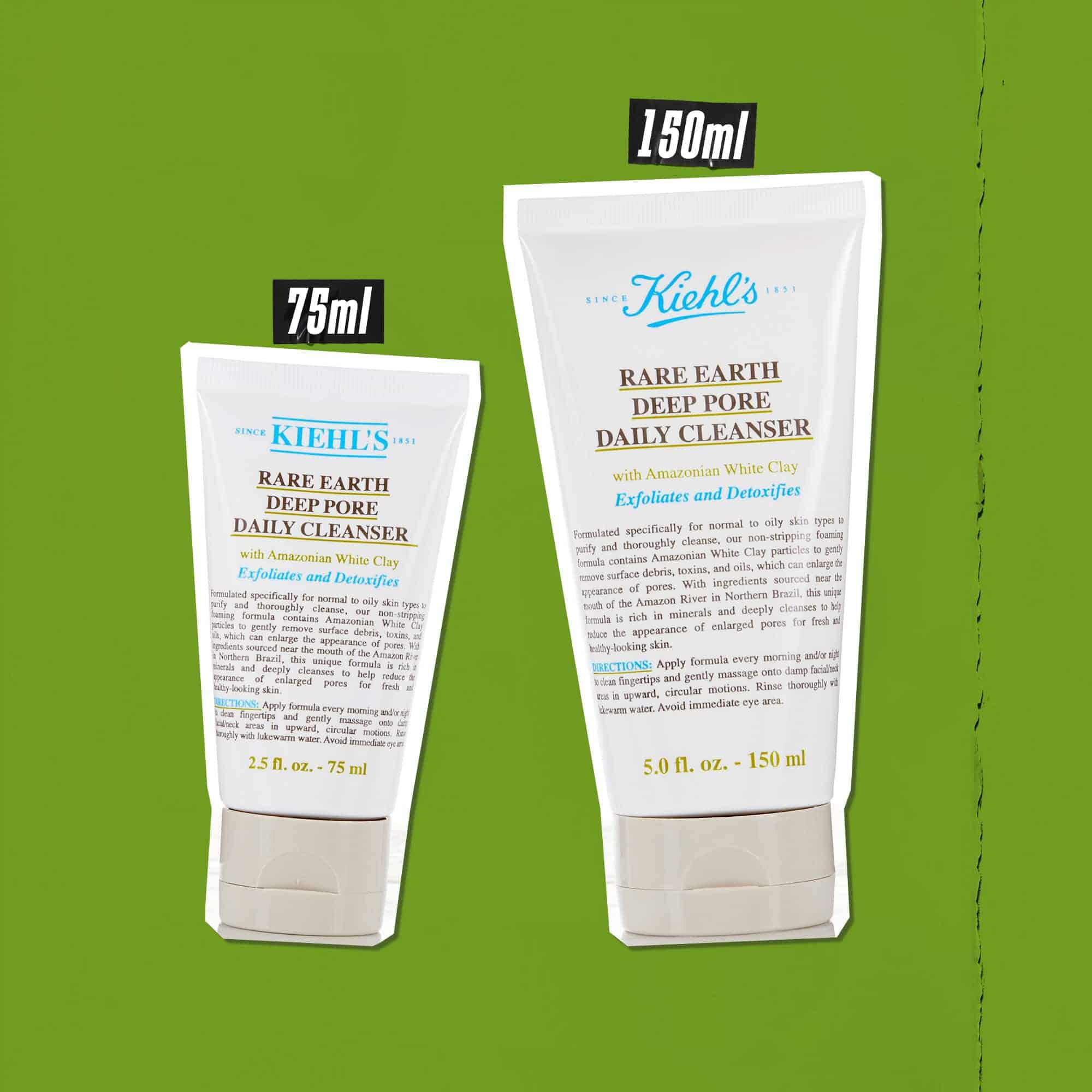 Three tubes of Rare Earth Deep Pore Daily Cleanser in different sizes (75ml, 125ml, 150ml) against a green background.