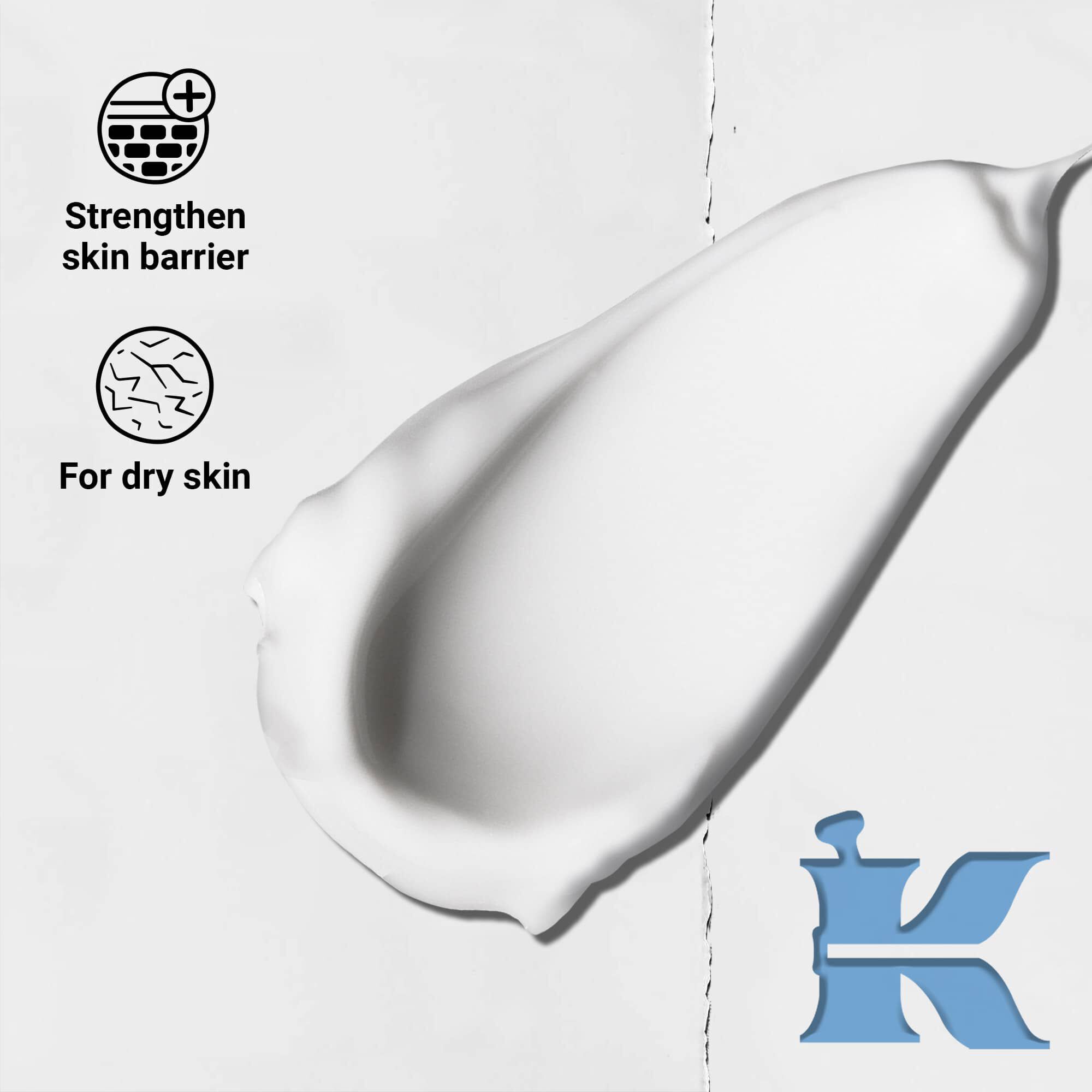 Texture photo with icons stating it strengthens skin barrier and is for dry skin