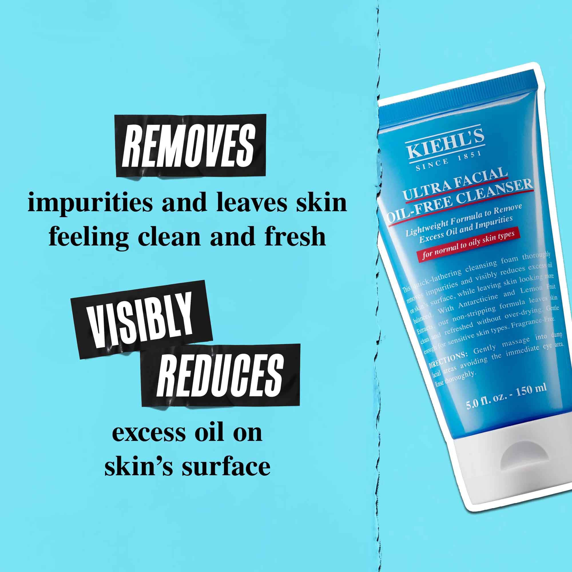 A tube of Ultra Facial Oil-Free Cleanser against a blue background with text reading "Removes oil and leaves skin visibly reduces excess oil on skin’s surface."