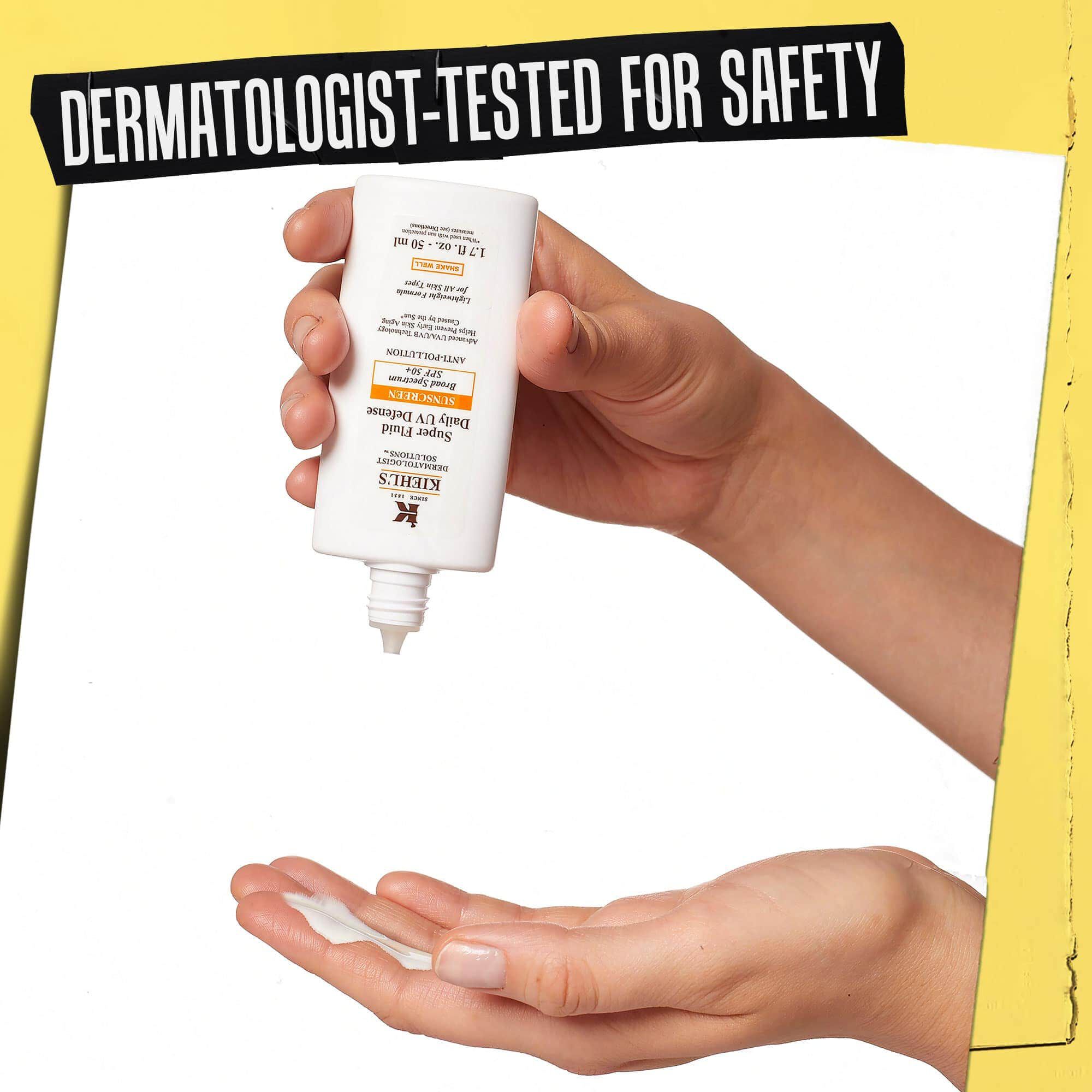 Hand with Ultra-Light Daily UV Defense being dispensed onto it, labeled "Dermatologist-Tested for Safety."