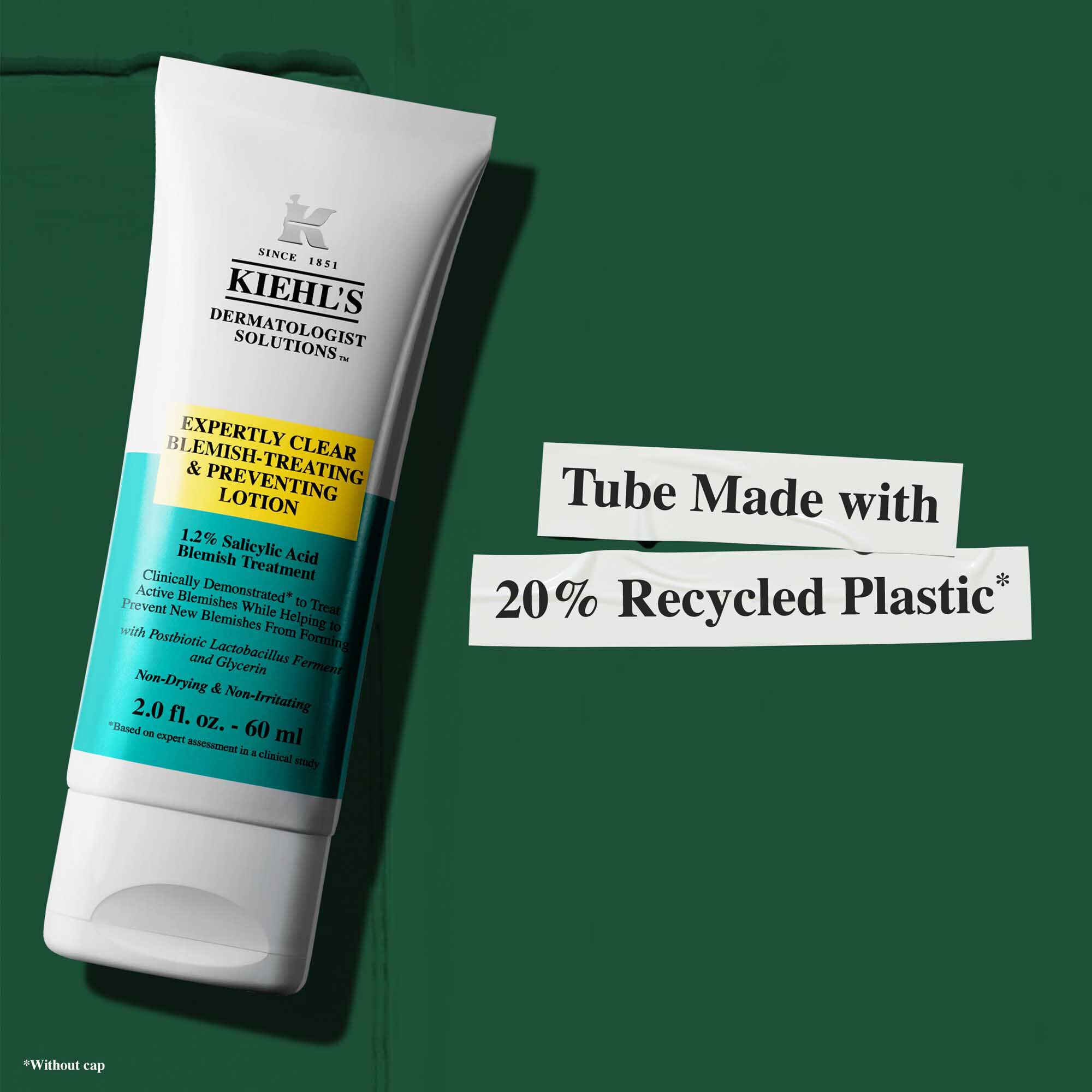 A tube of Expertly Clear Blemish-Treating & Preventing Lotion with text highlighting sustainability claims: "Tube Made with 20% Recycled Plastic."
