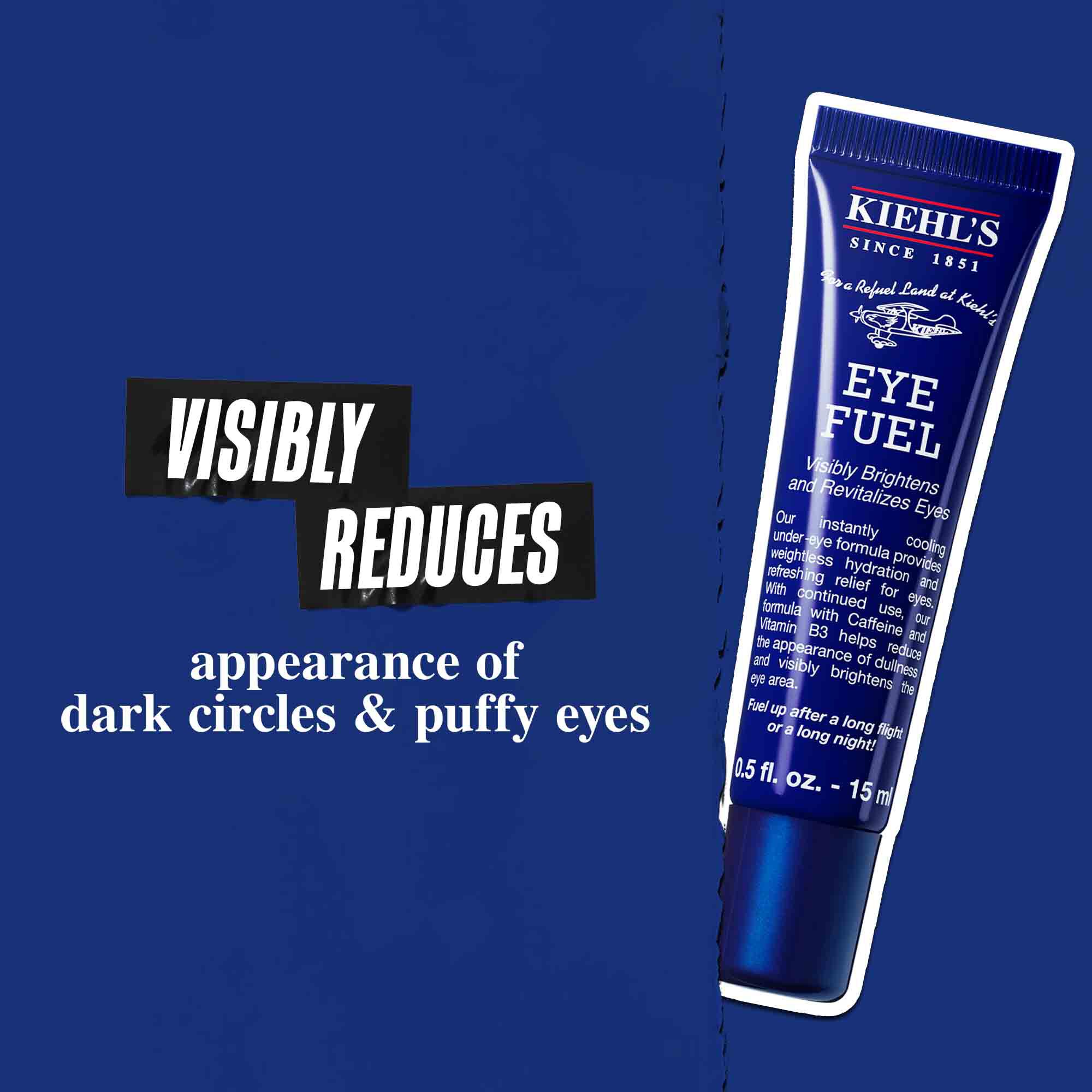 Tube of Facial Fuel Eye Fuel against a dark blue background. Text reads: "Visibly Reduces appearance of dark circles & puffy eyes."
