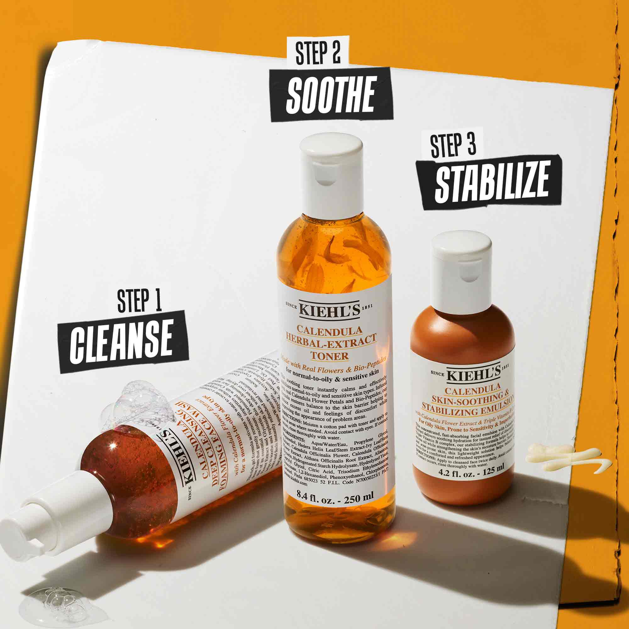 A three-step routine featuring Kiehl's products. Step 1: Calendula Deep Cleansing Foaming Wash. Step 2: Calendula Herbal-Extract Toner. Step 3: Calendula Skin Soothing Stabilizing Emulsion.