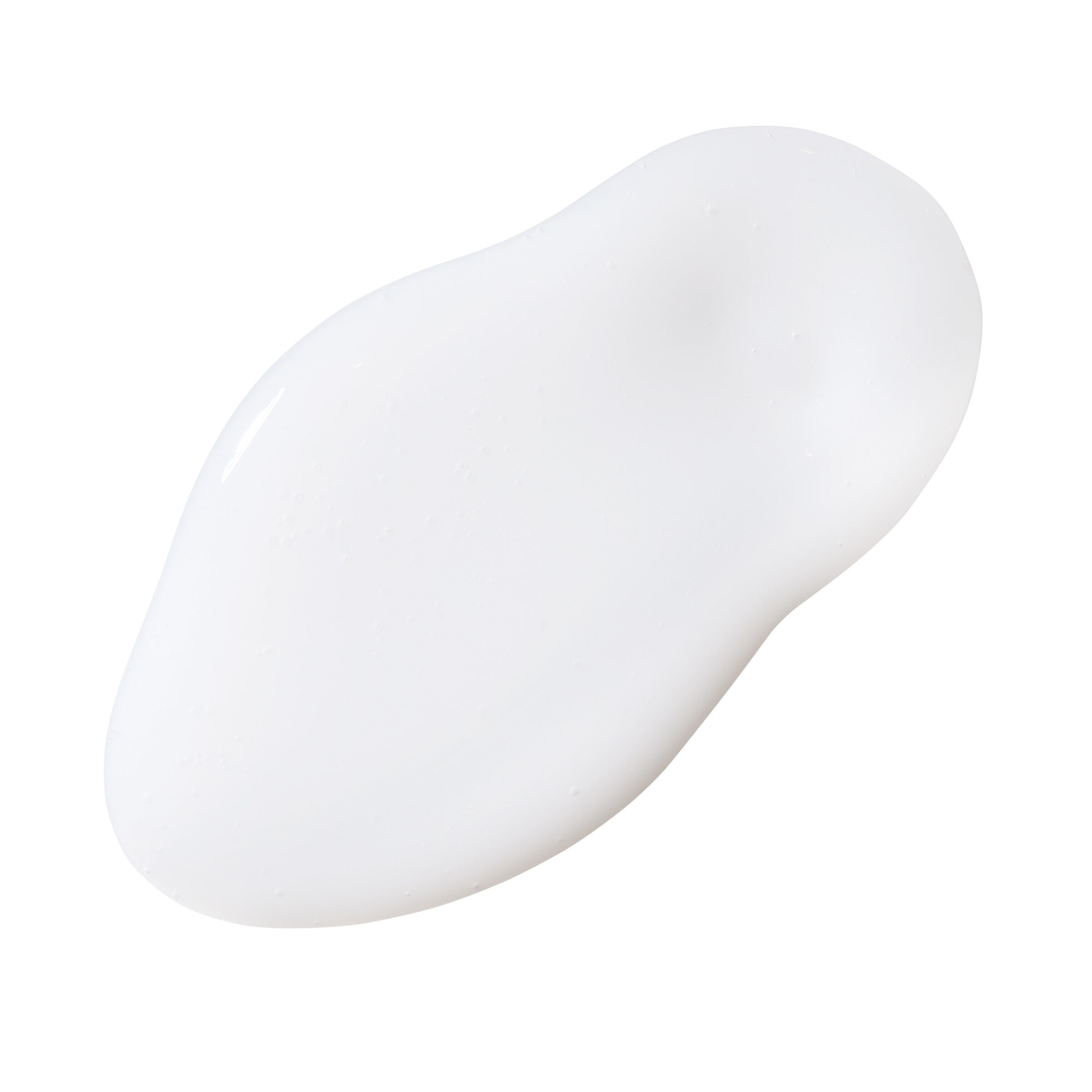 White creamy texture swatch on a white background, with a smooth and glossy surface, suggesting a skincare product like lotion or serum.