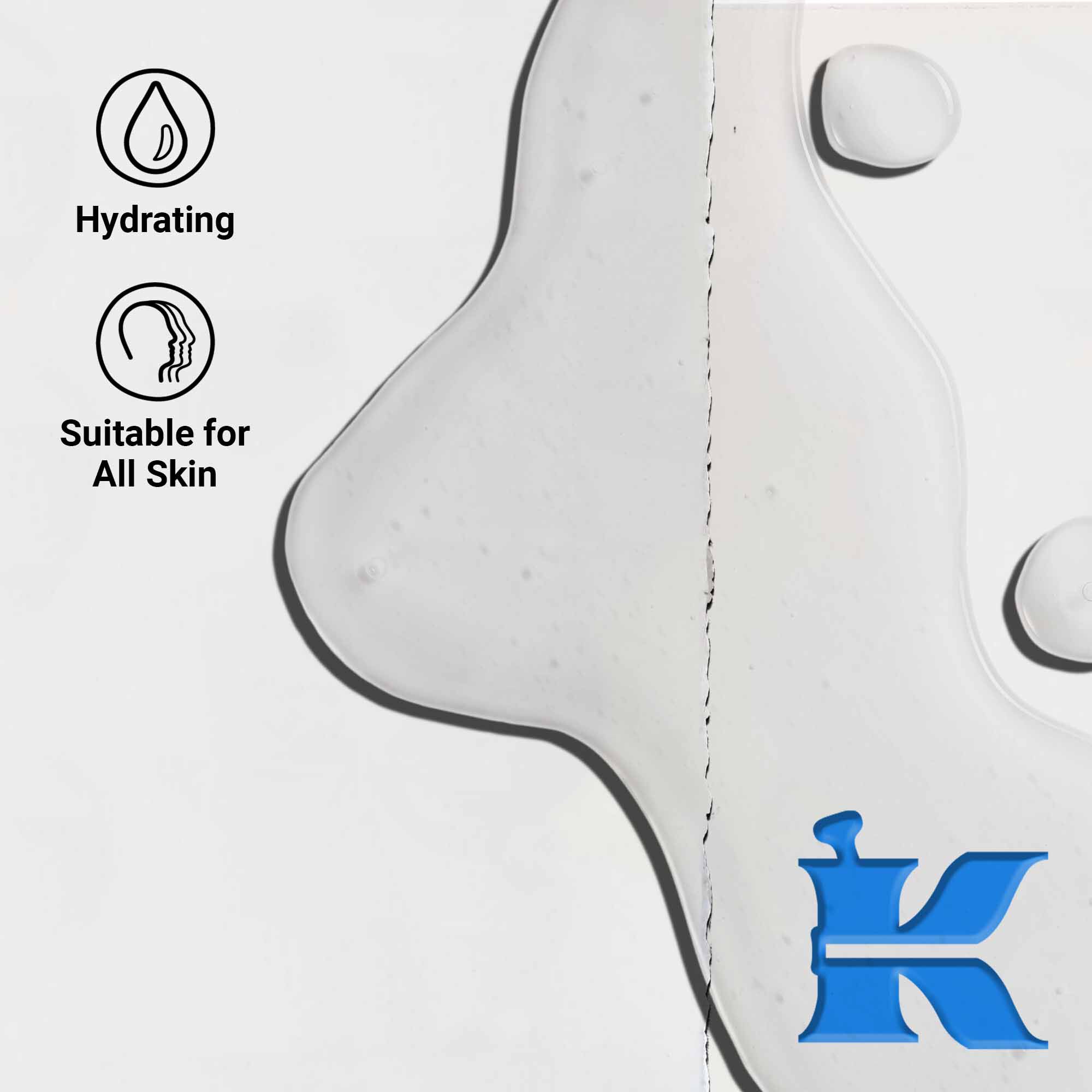 A close-up of the Ultra Pure 1.5% Hyaluronic Acid Serum texture showing clear liquid droplets. Text highlights hydrating benefits and suitability for all skin types.