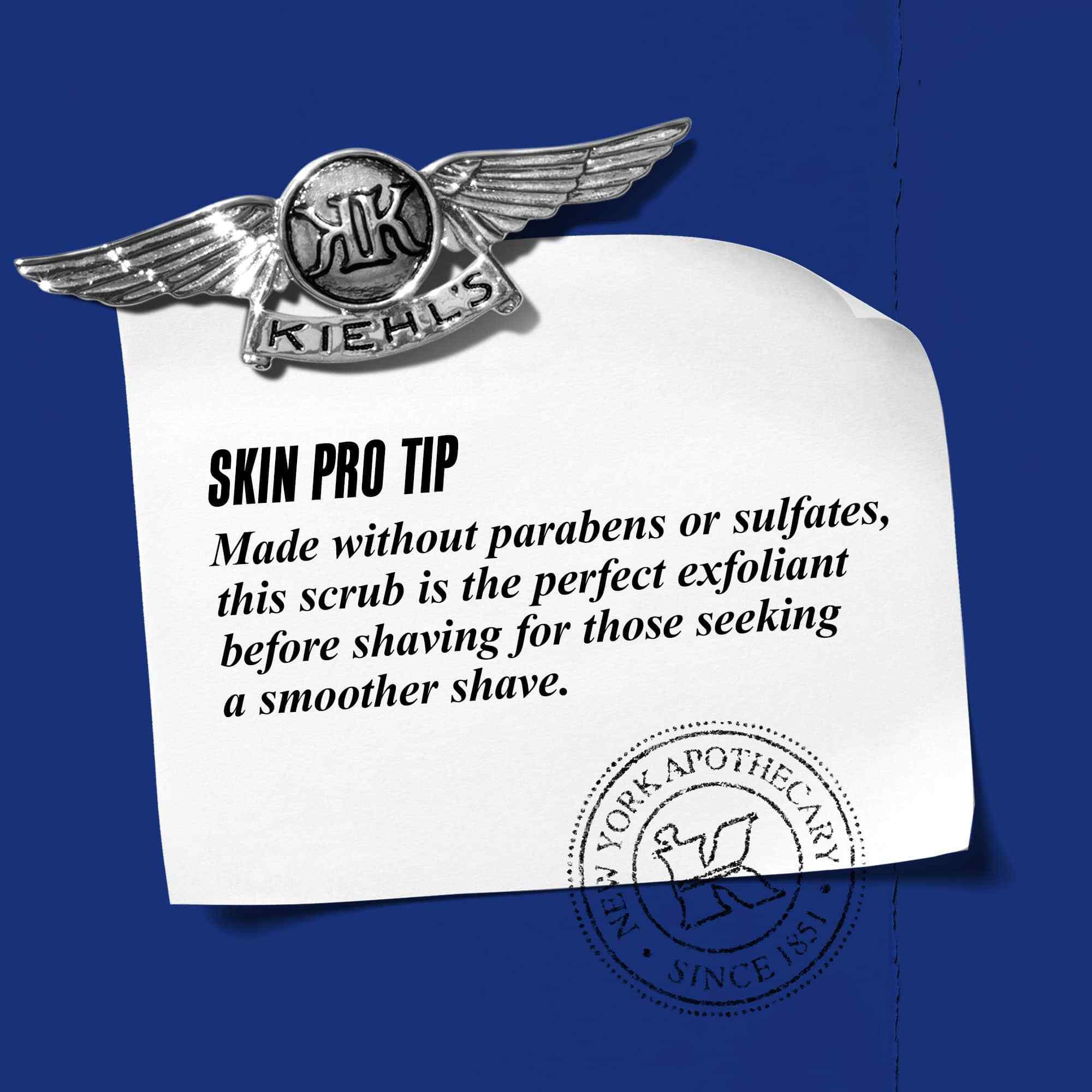 Graphic with text reading: "Skin Pro Tip: Made without parabens or sulfates, this scrub is the perfect exfoliant before shaving for those seeking a smoother shave."