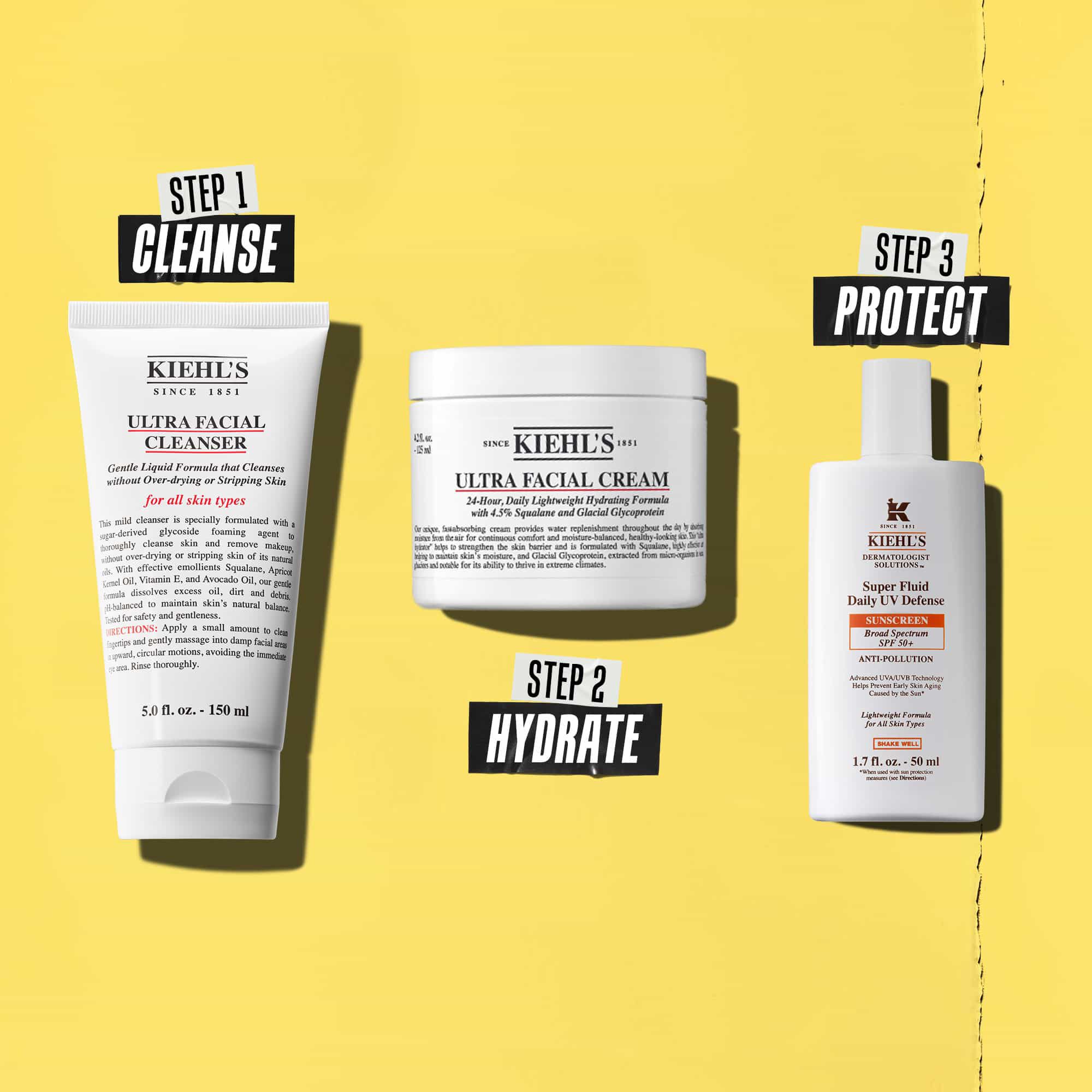 Three Kiehl's products representing a routine. From left to right: cleanser, moisturizer, and sunscreen.