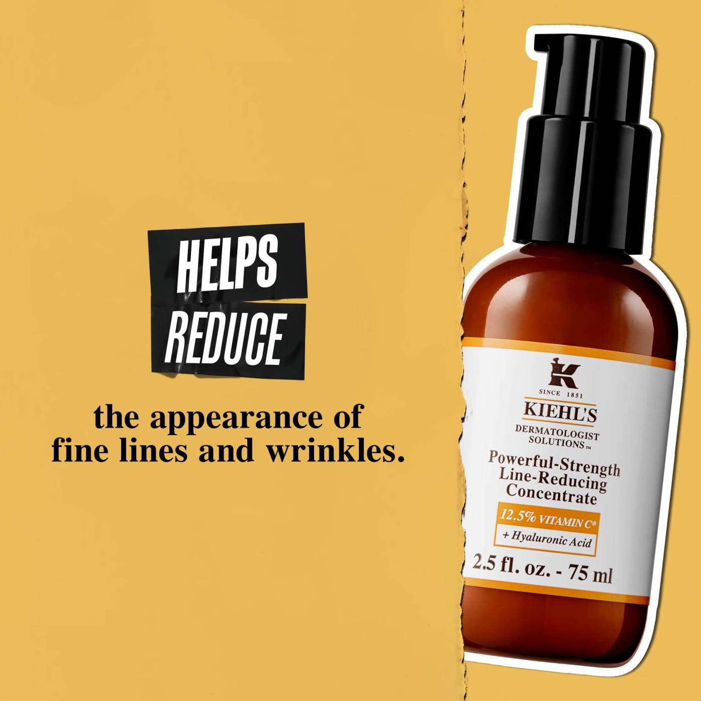 A bottle of Powerful-Strength Line-Reducing Concentrate against a gold background. Text reads, "Helps Visibly Reduce lines & wrinkles over time."