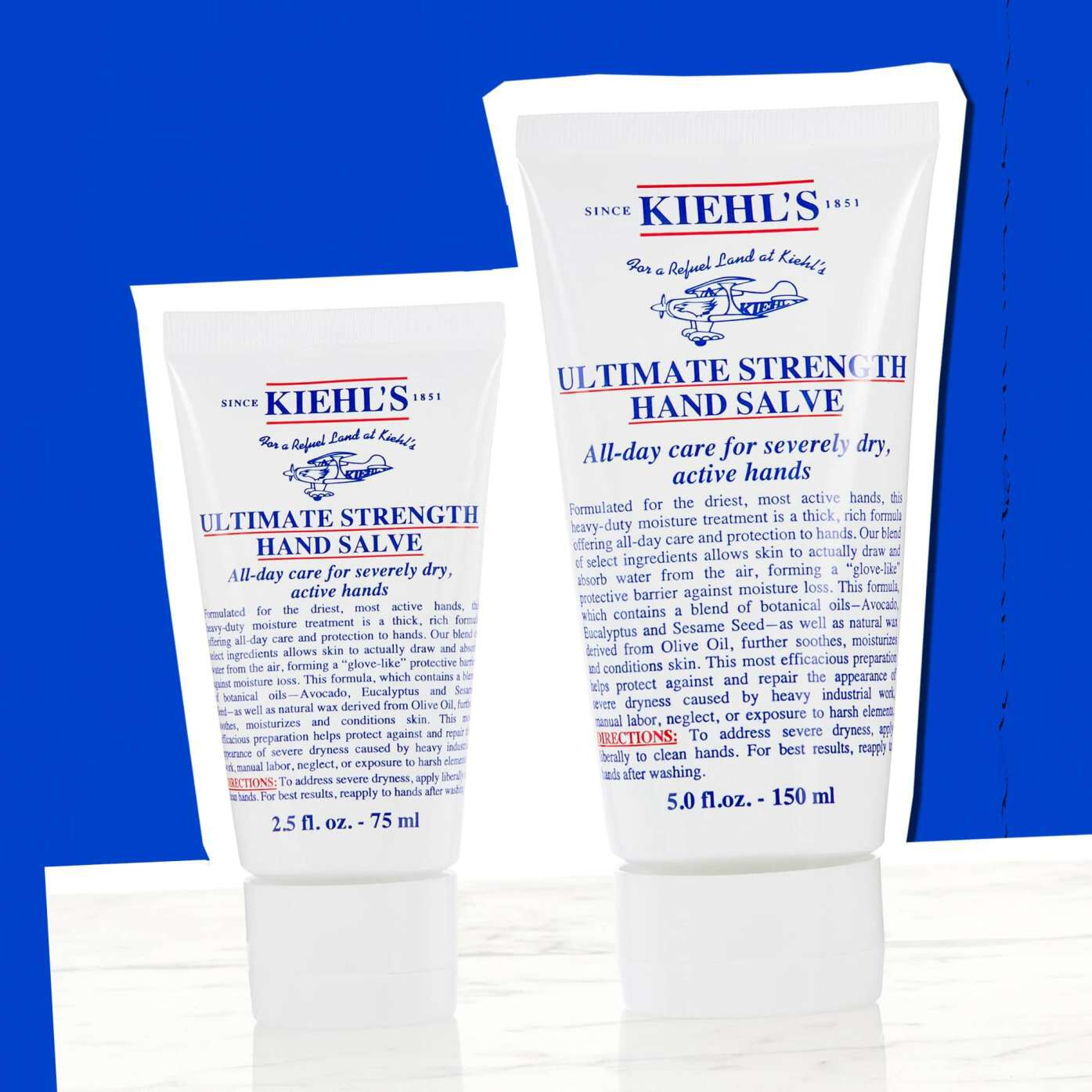 Two tubes of Kiehl's Ultimate Strength Hand Salve illustrating available sizes