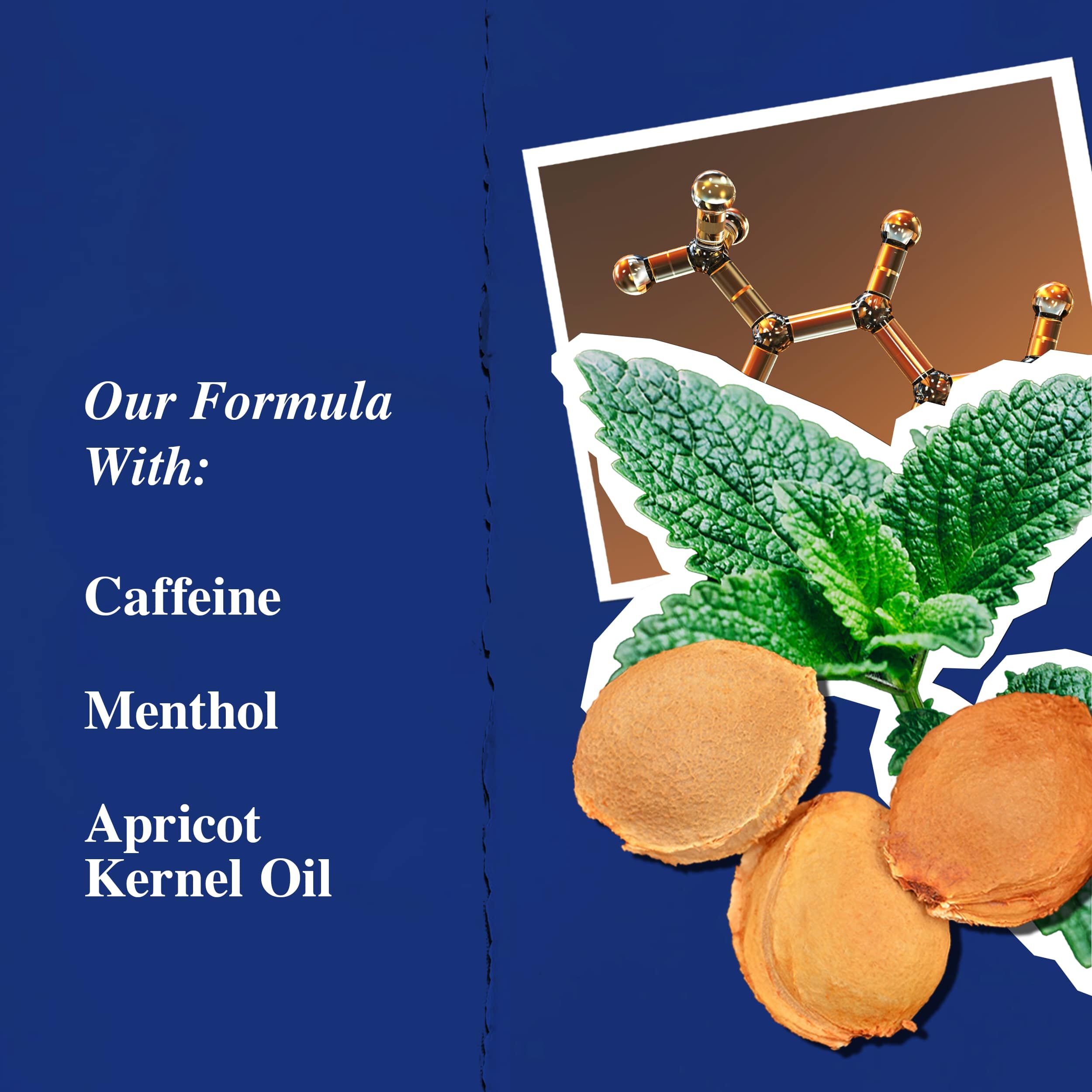 Key ingredients graphic highlighting Caffeine, Menthol, and Apricot Kernel Oil.