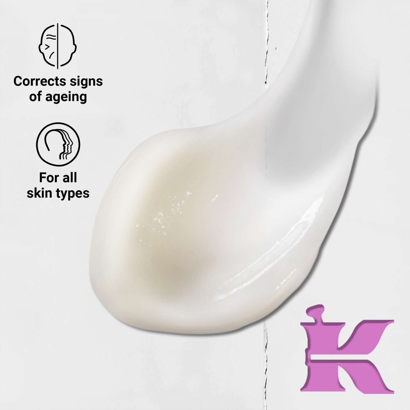 Texture photo with icons: corrects signs of ageing and is formulated for all skin types