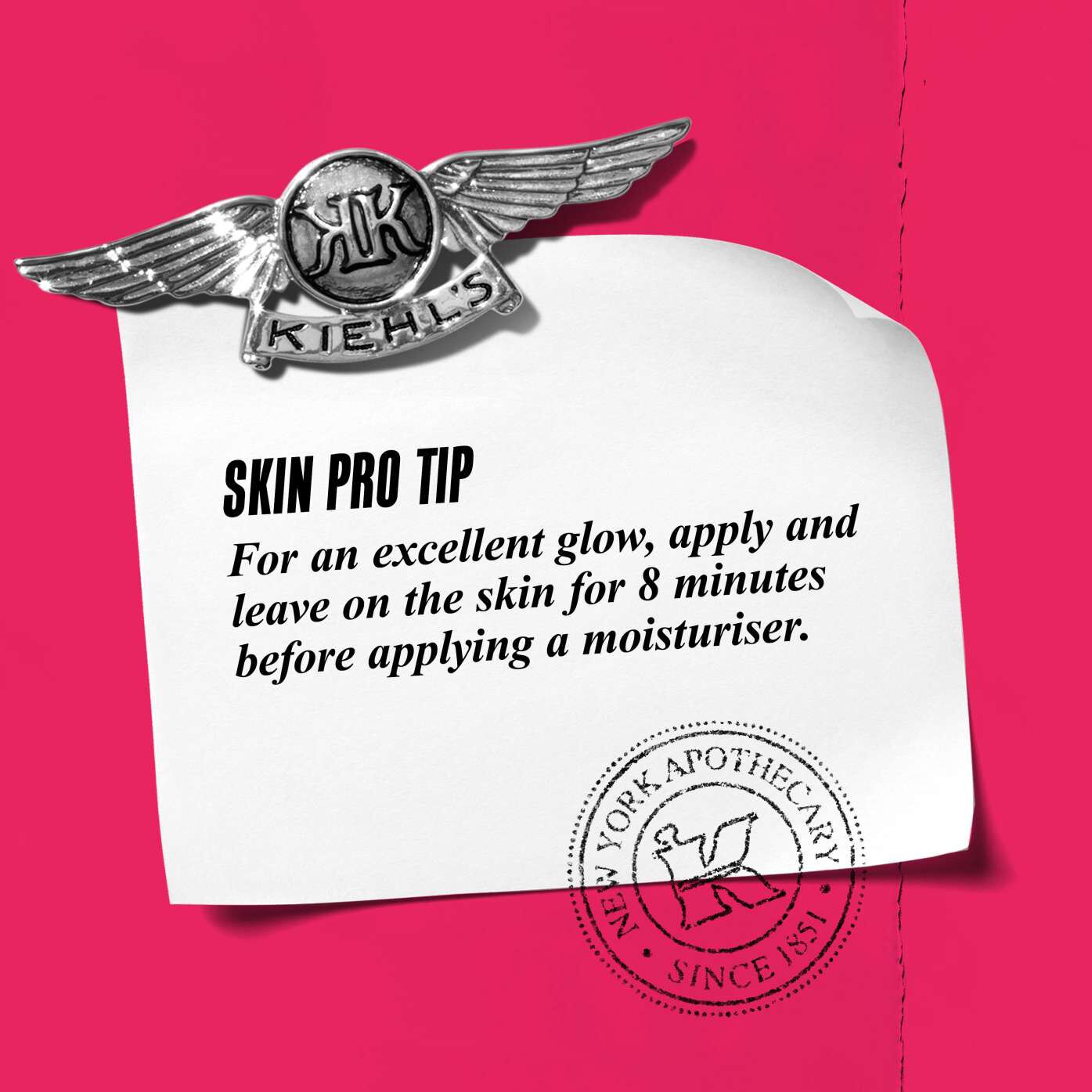 A graphic with text reading "Skin Pro Tip: For an excellent glow, apply and leave on the skin for 5 minutes before applying a moisturizer."