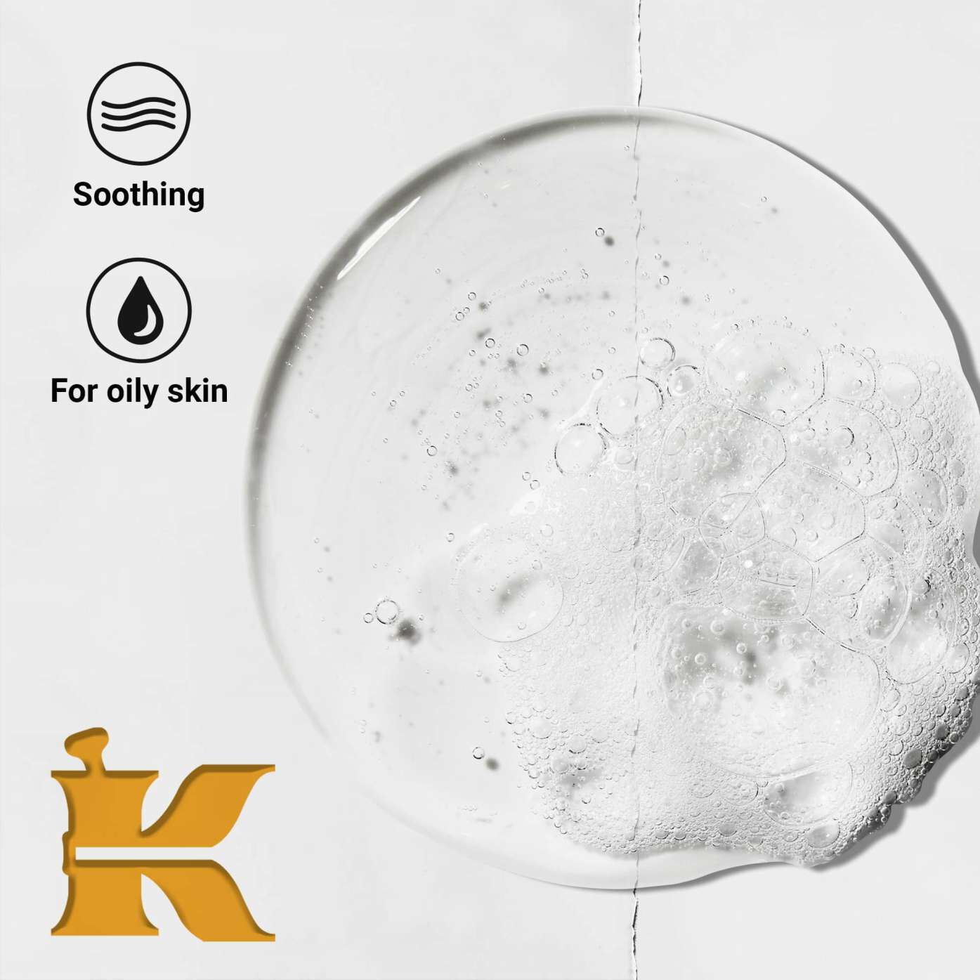 Product texture photo with icons stating it is soothing and formulated for oily skin