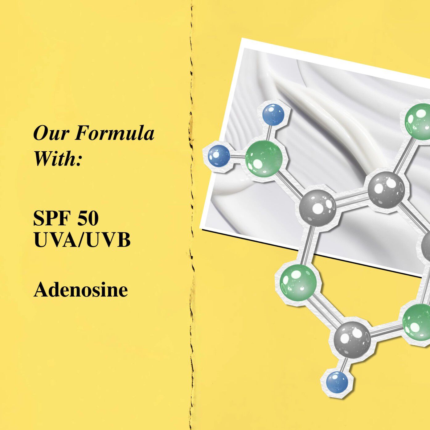 Key ingredients graphic highlighting SPF 50 and adenosine.