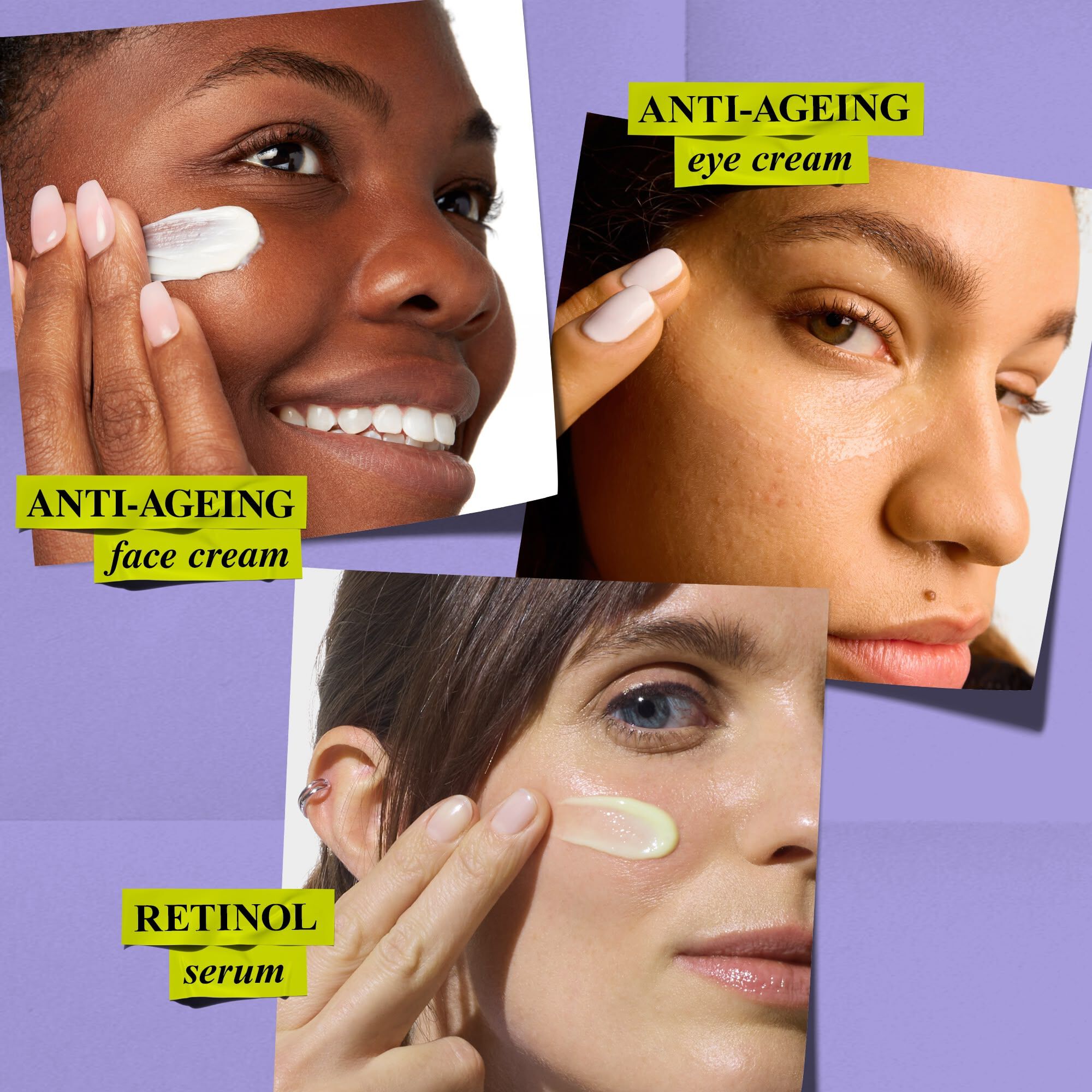 Three individuals apply Kiehl's anti-aging face cream, eye cream, and retinol serum, demonstrating product application for an anti-aging routine.