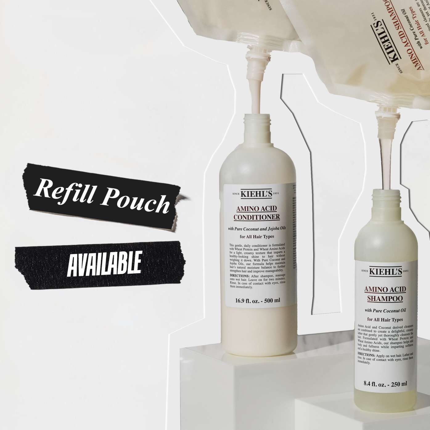 Two Kiehl's bottles, one for Amino Acid Shampoo and one for Conditioner, next to a refill pouch with text highlighting Refill Pouch Available