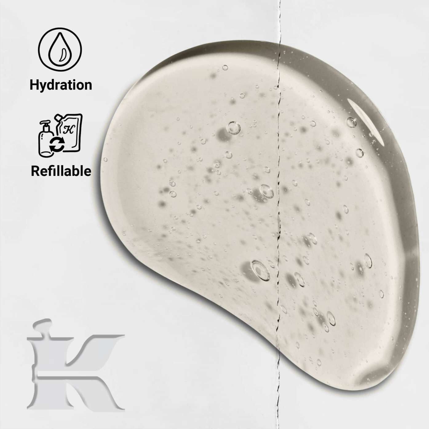 Amino Acid Shampoo texture photo with icons showing it is refillable and offers hydration