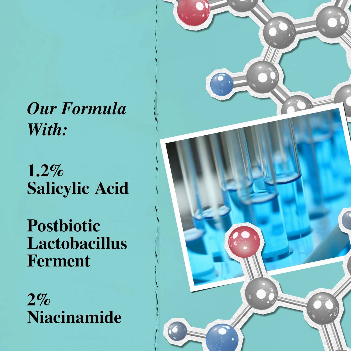 A graphic highlighting the key ingredients of Expertly Clear Blemish-Treating & Preventing Lotion, including Salicylic Acid, Postbiotic Lactobacillus Ferment, and Niacinamide.