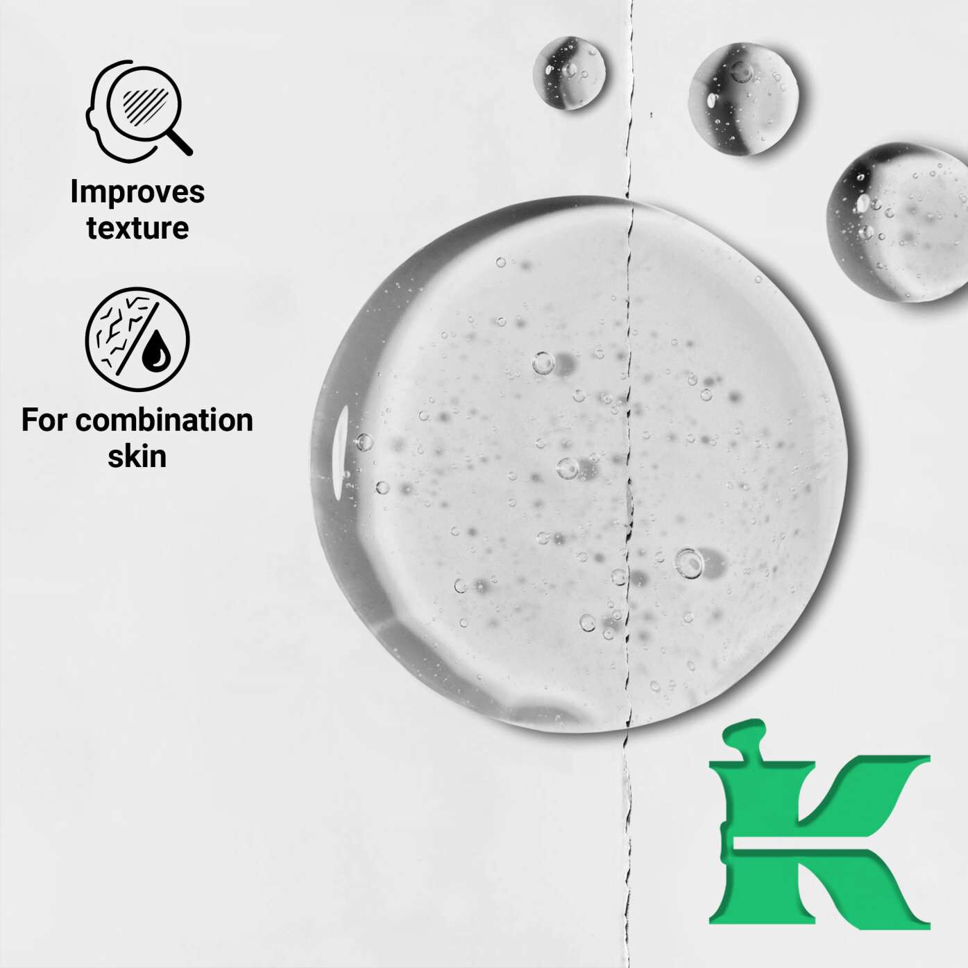 Texture photo with icons: "Improves texture" and "For combination skin"