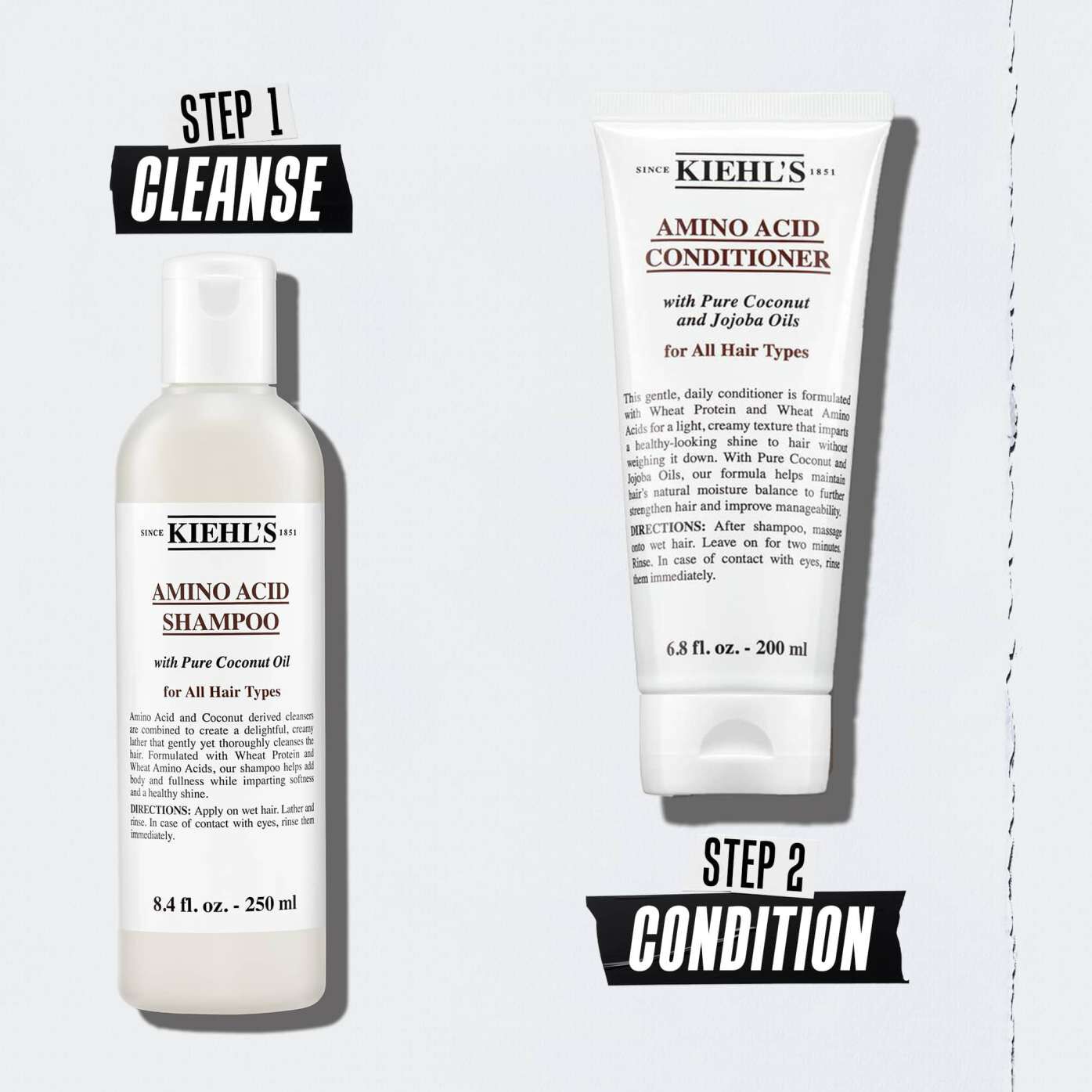 Kiehl's Amino Acid hair care routine illustration with bottles – Step 1 Cleanse Step 2 Condition