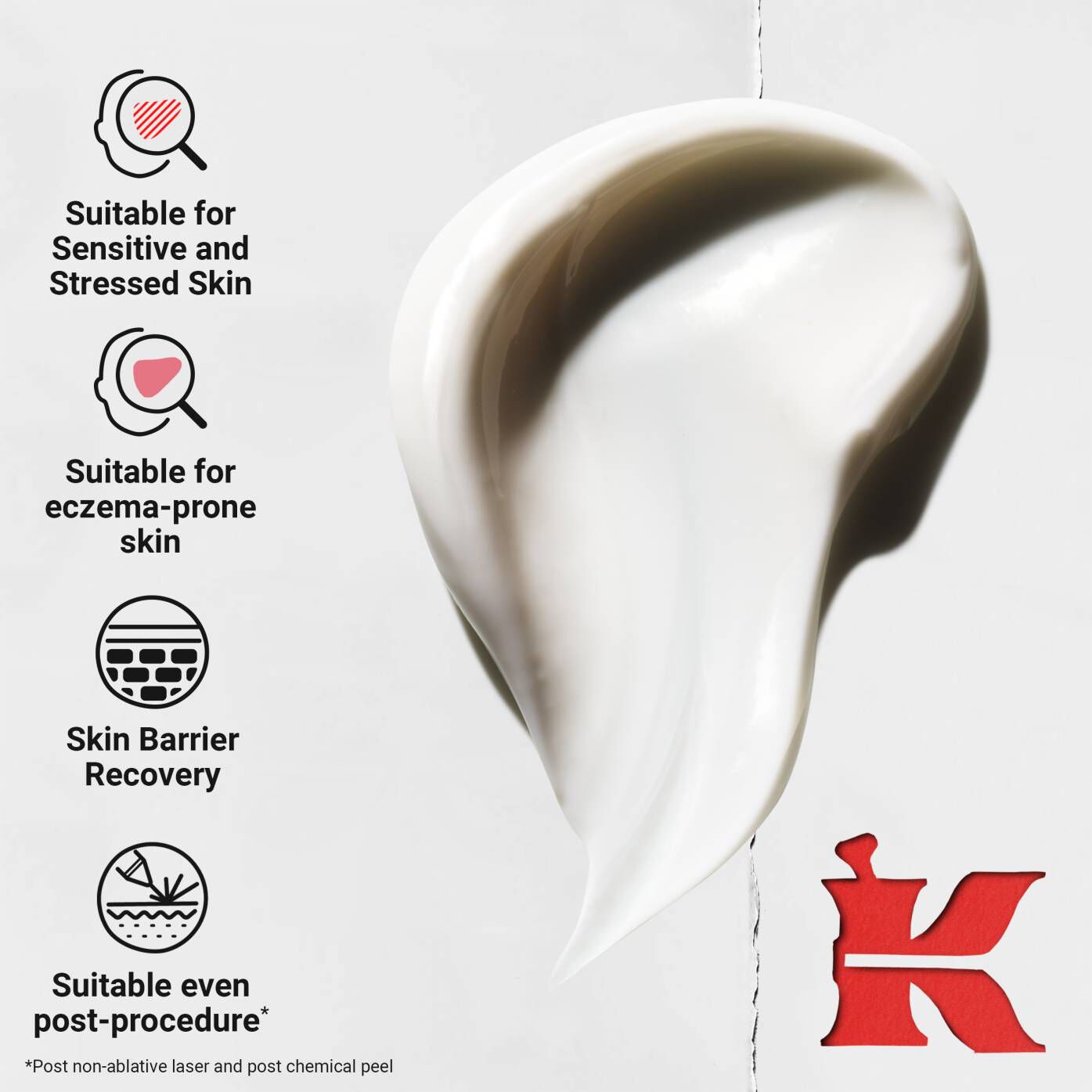 Dynamic swirl of thick cream; icons highlight benefits: suitable for eczema-prone skin, barrier protection, post-laser, and post-light chemical peel.