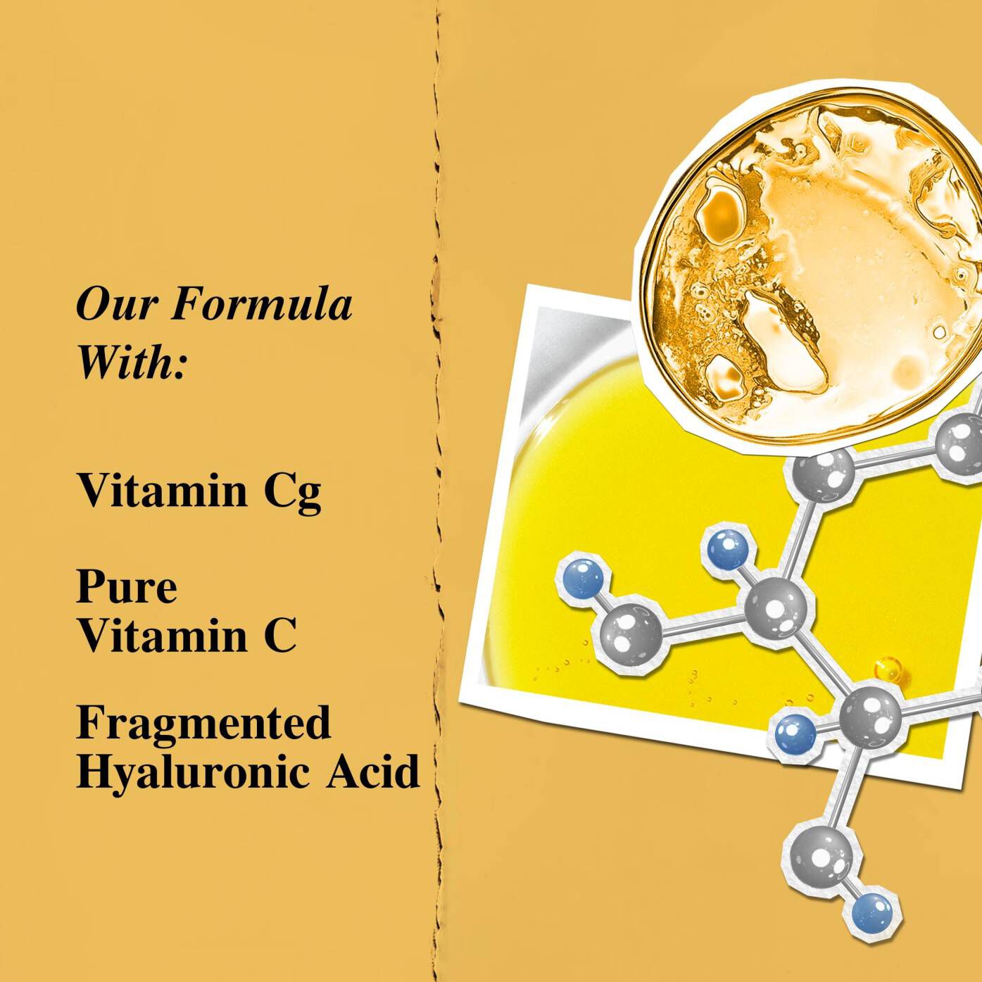 Key ingredients graphic highlighting Vitamin Cg, fragmented Hyaluronic Acid.