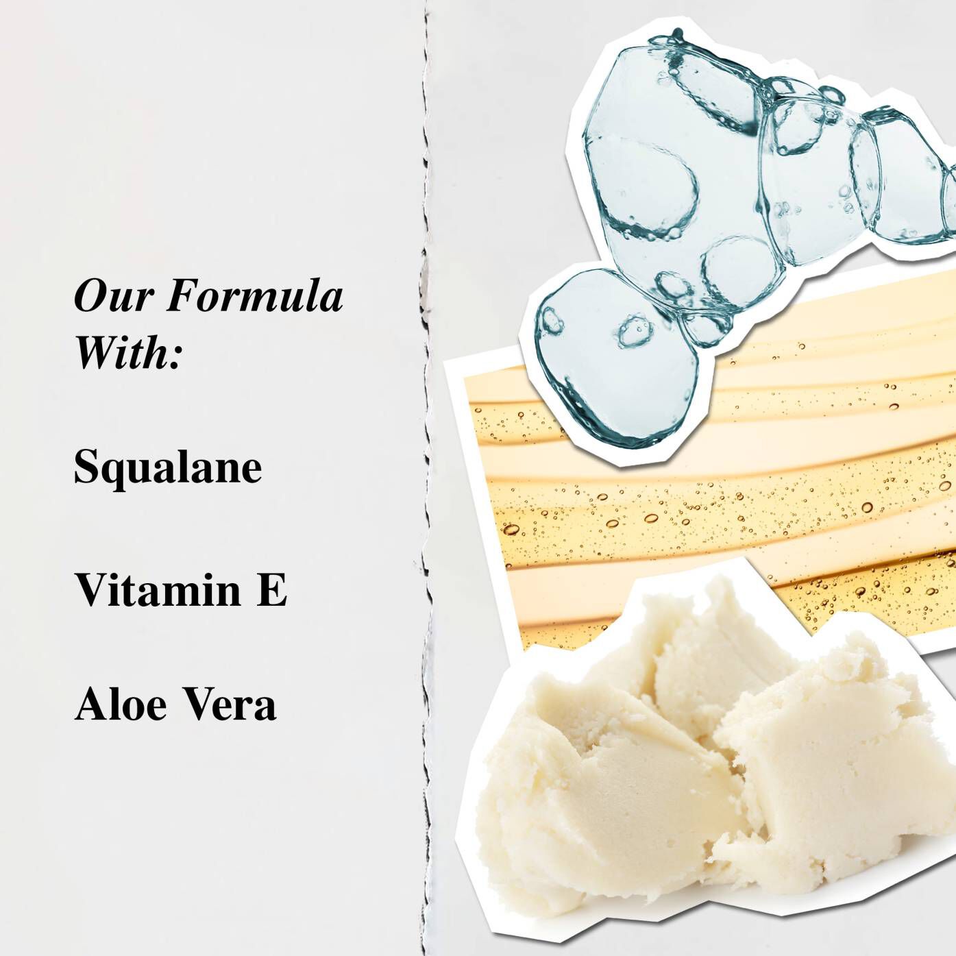 A graphic highlighting the key ingredients of Lip Balm #1: Shea Butter, Squalane, and Vitamin E.