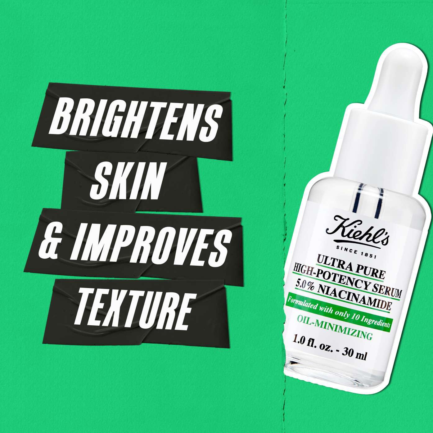 A bright green background featuring Kiehl's Ultra Pure High-Potency Serum with text highlighting its benefits: "Brightens Skin & Improves Texture."