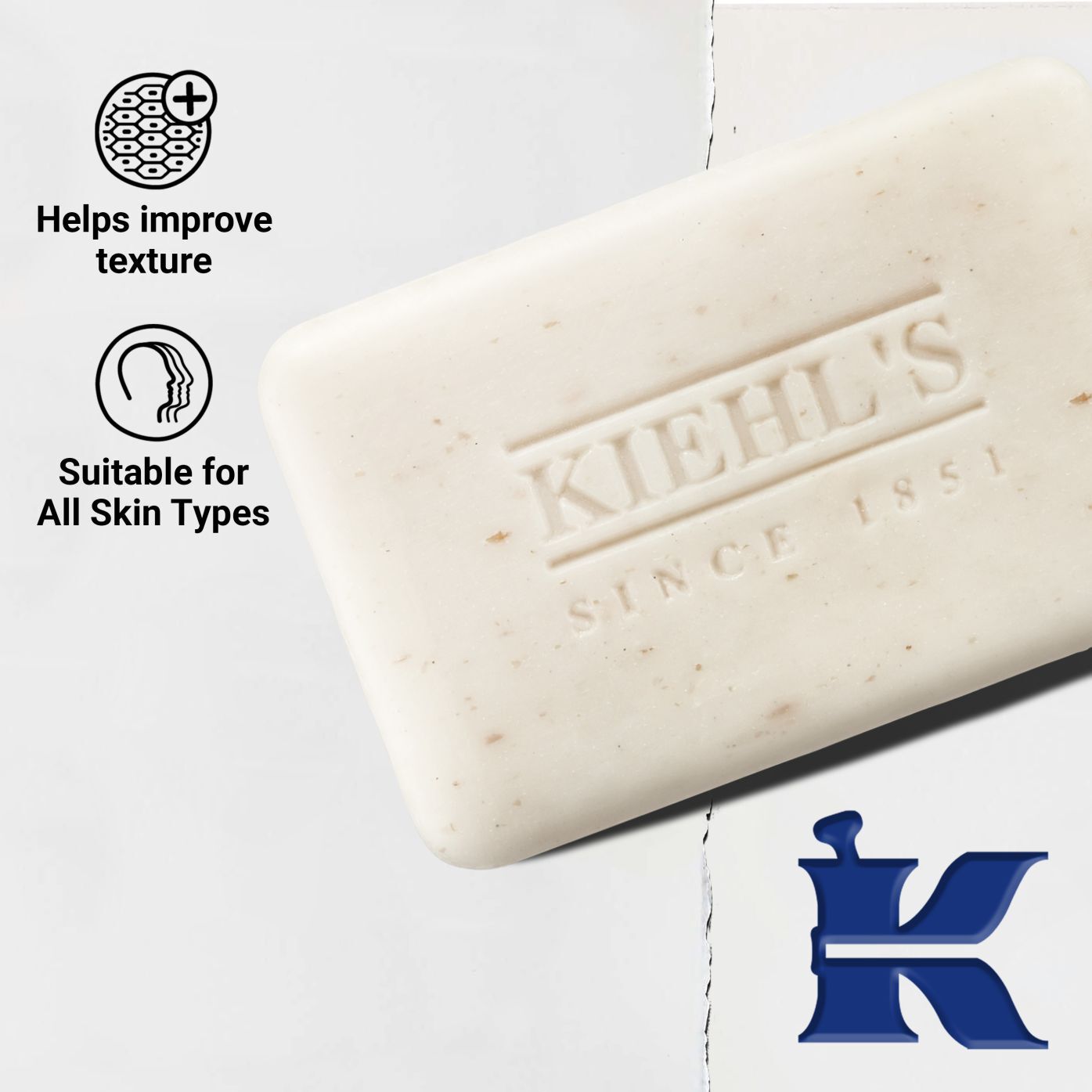 The Ultimate Man Body Scrub Soap bar, highlighting its textured surface. Text emphasizes improved texture and suitability for all skin types.