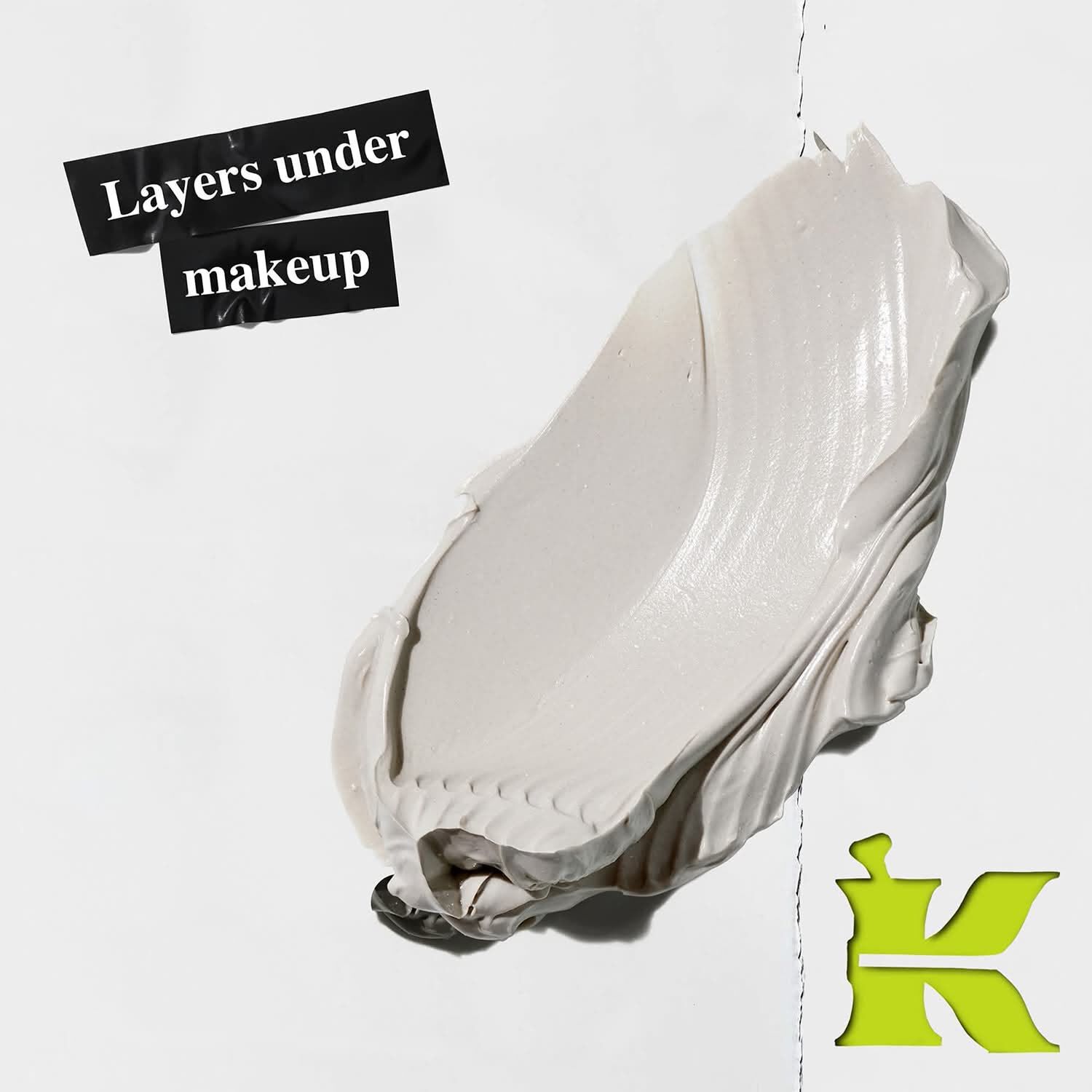 Texture photo with icons stating it reduces pores, features natural ingredients, for all skin types