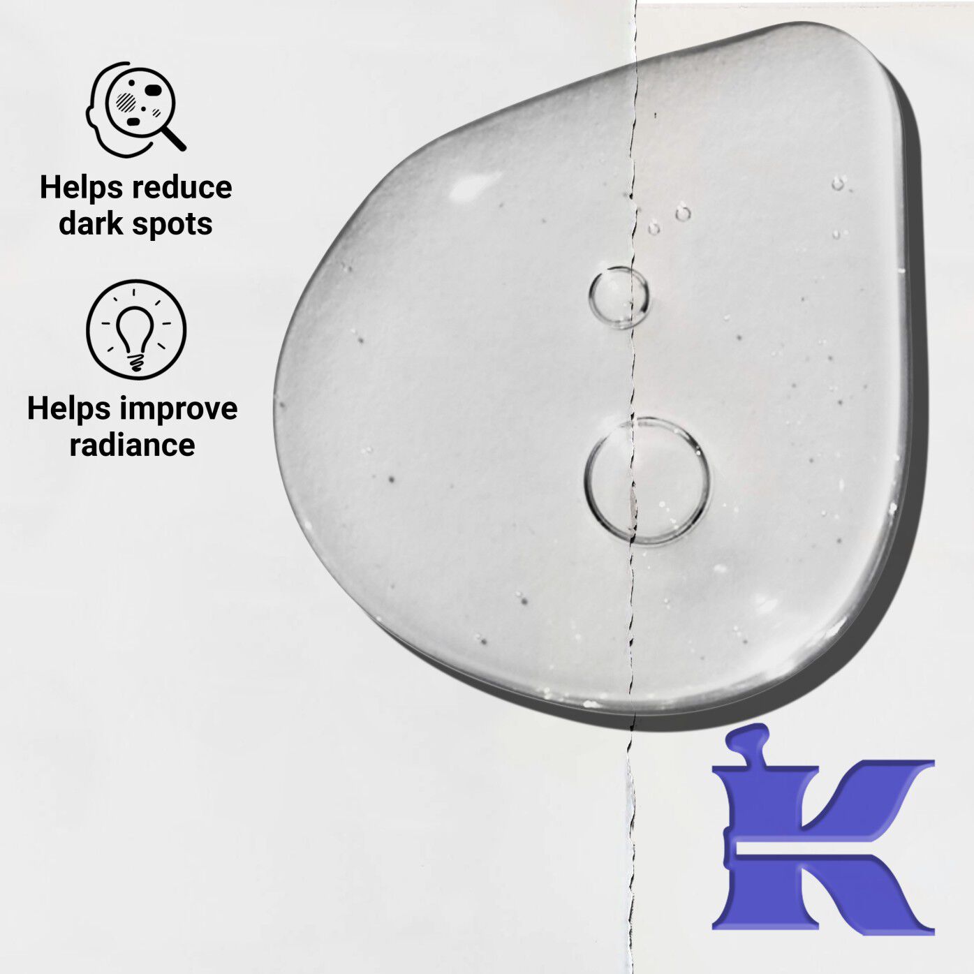 Close-up of Clearly Corrective Dark Spot Solution texture showing clear liquid drops.