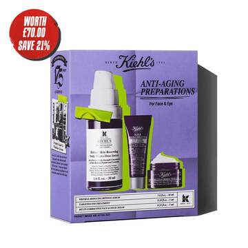 Kiehl's "Anti-Aging Preparations" gift set featuring a retinol serum, eye cream, and multi-corrective cream for a complete anti-aging routine.