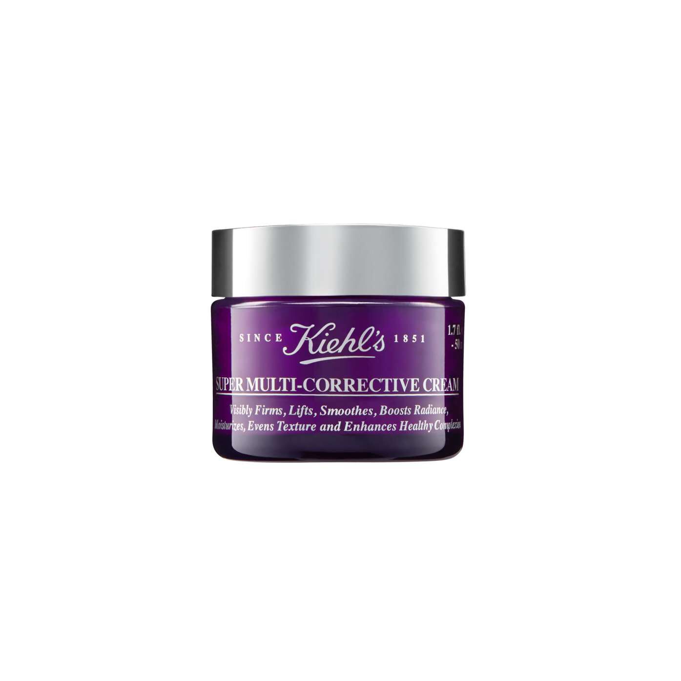 A jar of Kiehl's Super Multi-Corrective Cream, featuring a purple design with silver lid, promising skin firming and texture enhancement.