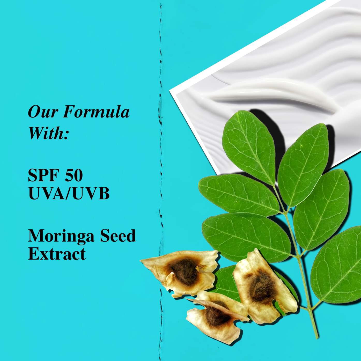 A graphic highlighting the key ingredients of Ultra Light Daily UV Defense Aqua Gel, including SPF 50 and moringa seed extract.