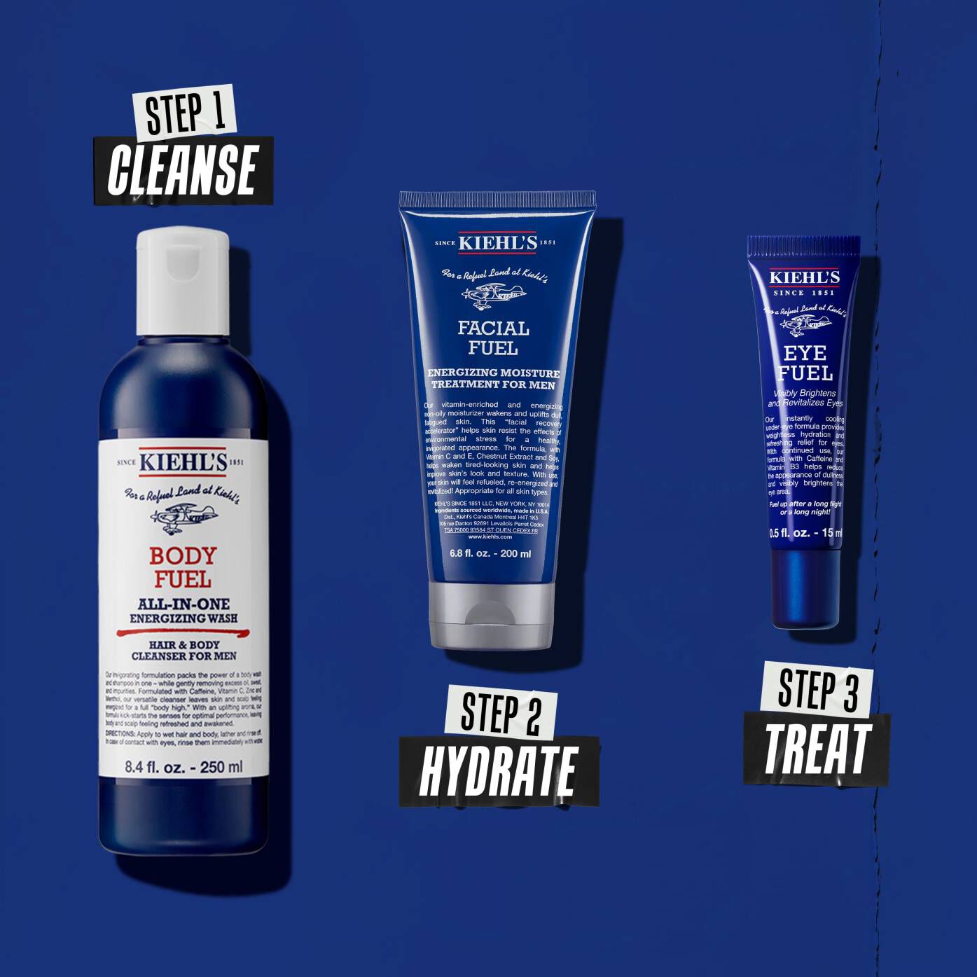 Three-step Body Fuel routine: Step 1: Wash. Step 2: Moisturize with Facial Fuel Treatment. Step 3: Facial Fuel Eye Fuel Eye Cream.