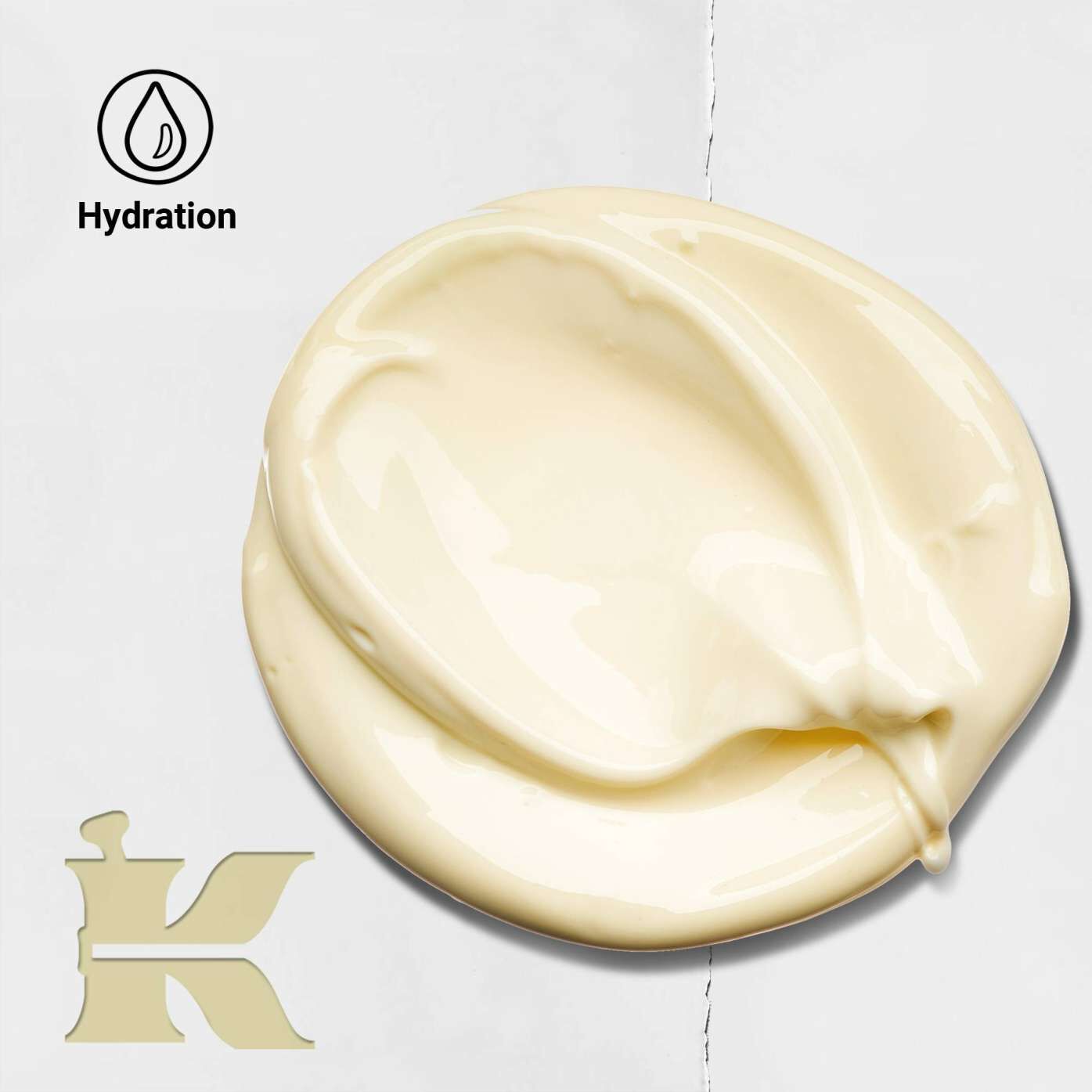 Creme de Corps texture photo with icons stating it offers hydration and contains natural ingredients