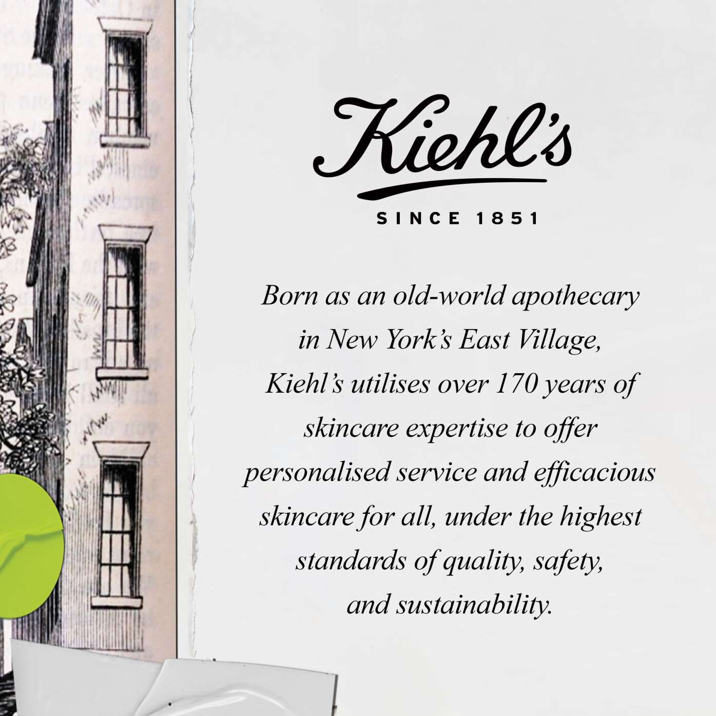 Kiehl's logo and text highlighting its heritage as an apothecary in NYC, emphasizing its skincare expertise and commitment to quality.