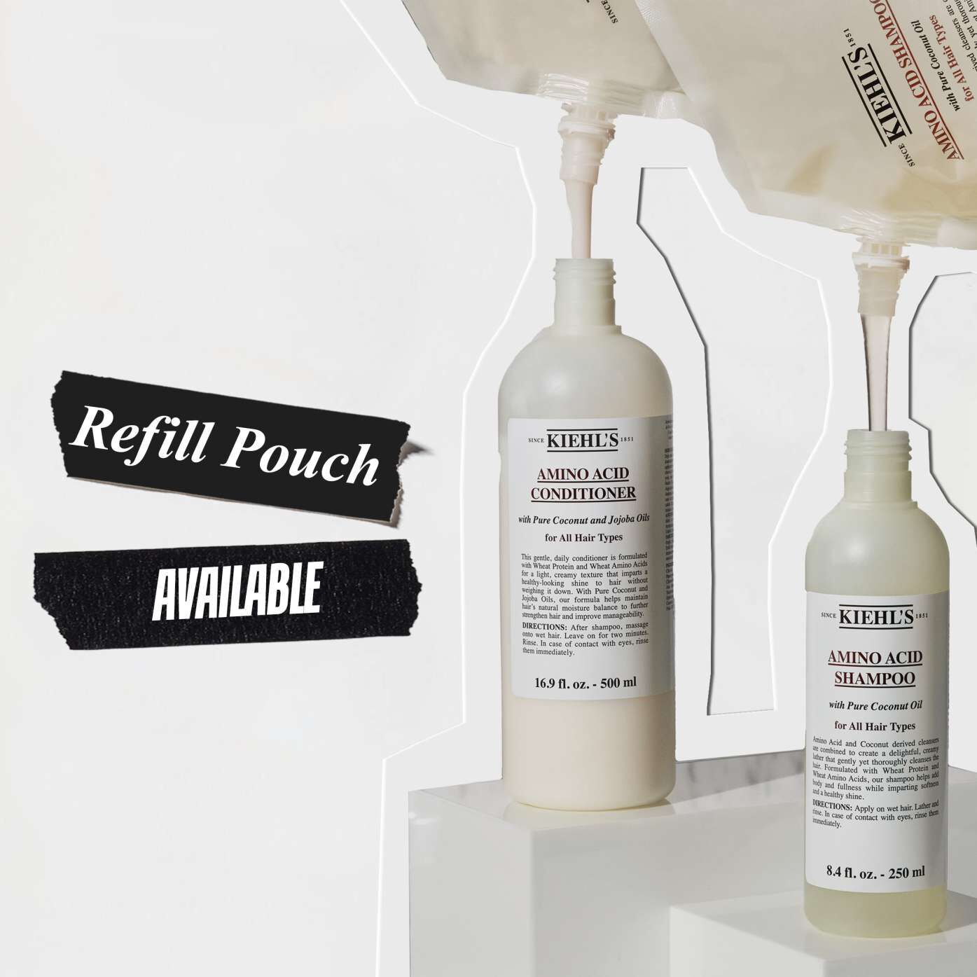 Two Kiehl's haircare bottles, one for amino acid conditioner and one for shampoo, with text: refill pouch available
